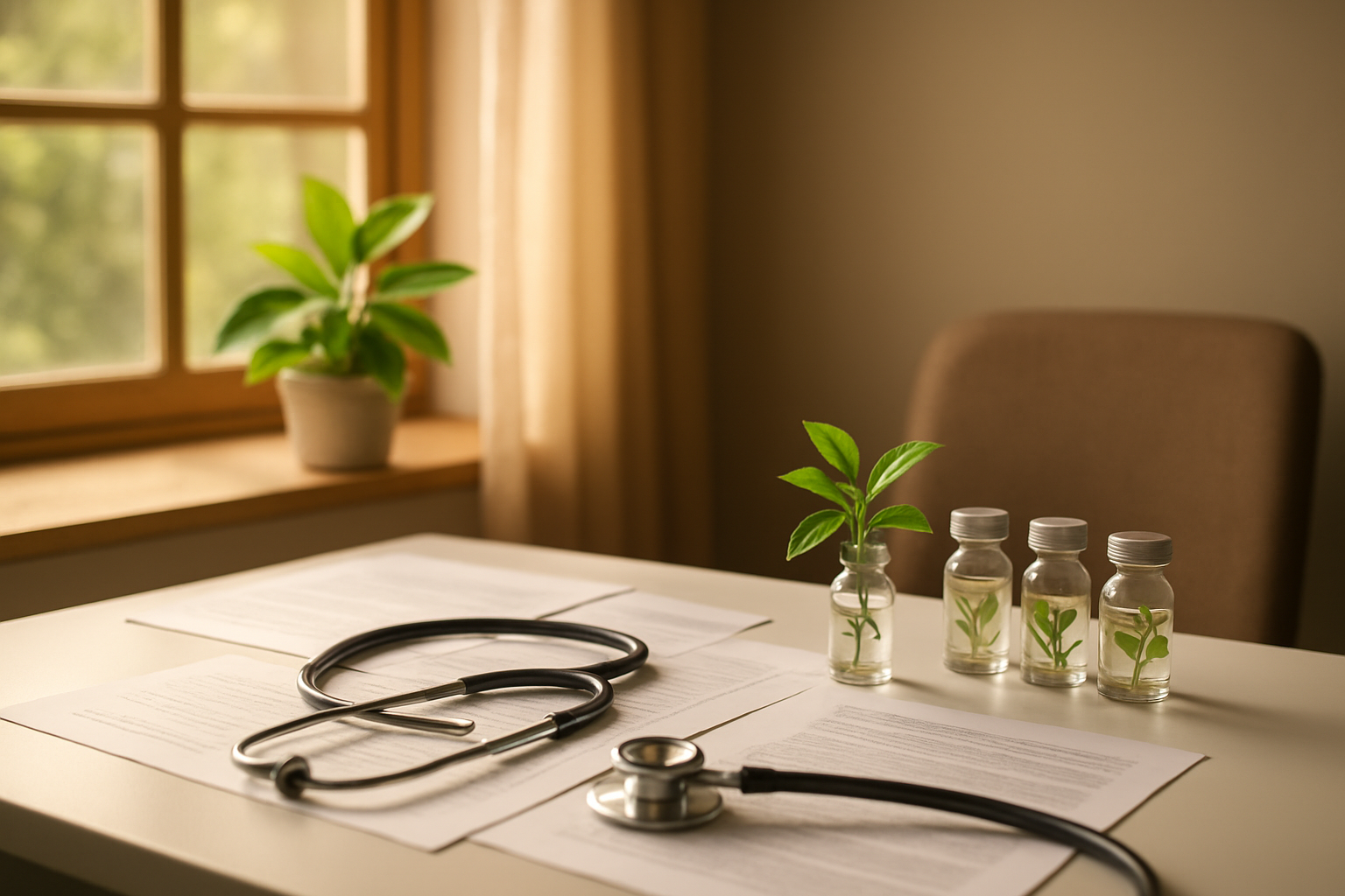 Create a realistic image of a serene medical consultation room with warm, natural lighting streaming through a window, featuring a clean white desk with medical documents and research papers spread out, a stethoscope, and small glass vials containing plant-based medicine samples, with lush green iboga plant leaves visible in a small potted plant on the windowsill, conveying hope and healing through natural medicine, with soft shadows creating a peaceful, professional atmosphere that represents successful treatment outcomes and medical breakthrough, absolutely NO text should be in the scene.