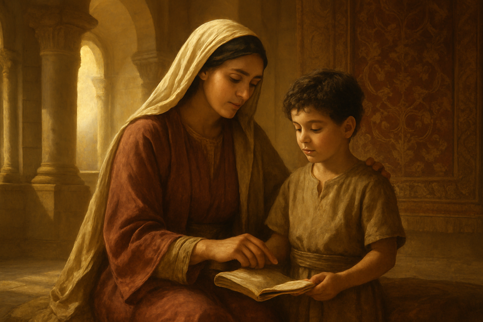 Create a realistic image of a Middle Eastern woman in ancient biblical clothing gently holding and teaching a young boy, with ornate palace columns and royal tapestries in the background, warm golden lighting streaming through arched windows, conveying a nurturing yet regal atmosphere that suggests the raising of future royalty, with soft shadows and rich textures emphasizing the intimate moment between mother and child in a luxurious ancient setting, absolutely NO text should be in the scene.