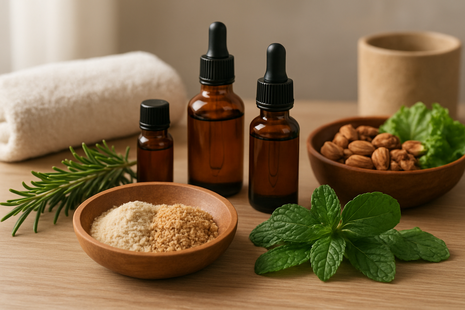 Create a realistic image of a serene spa-like setting with natural hair care elements including fresh herbs like rosemary and mint, essential oil bottles, a wooden bowl with natural ingredients, healthy foods like nuts and leafy greens, and soft natural lighting creating a peaceful wellness atmosphere that represents holistic hair health and natural beauty care. Absolutely NO text should be in the scene.