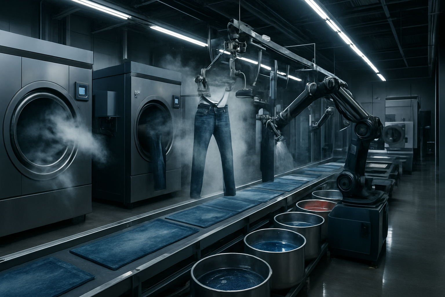 Create a realistic image of a modern denim manufacturing facility showcasing cutting-edge wash technique equipment, featuring large industrial washing machines with digital control panels, automated spray systems creating artistic fade patterns on denim fabric, steam rising from treatment stations, robotic arms applying precise chemical treatments to hanging jeans, stainless steel vats containing various colored wash solutions, conveyor belts moving denim pieces through different processing stages, bright LED lighting illuminating the high-tech workspace, polished concrete floors reflecting the machinery, and visible laser etching equipment creating intricate patterns on denim surfaces, all captured in a clean, futuristic industrial setting with dramatic lighting highlighting the innovative technology, absolutely NO text should be in the scene.