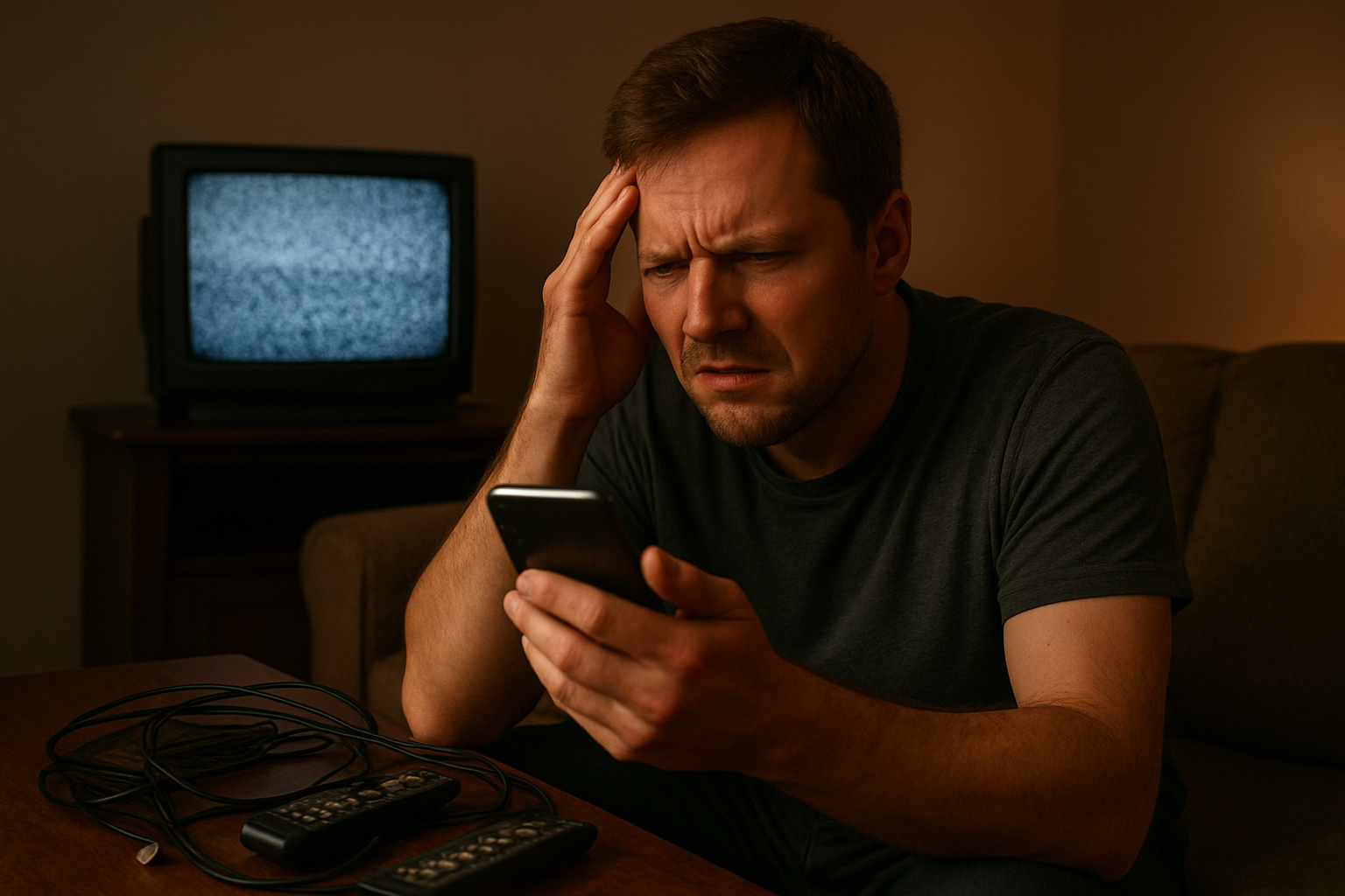 Create a realistic image of a frustrated white male in his 30s sitting on a living room couch, squinting at a small smartphone screen while trying to watch a video, with a small outdated television in the background showing poor quality reception with fuzzy static, dim warm lighting creating shadows that emphasize the inadequacy of the small screens, cluttered coffee table with tangled cables and old remote controls, expressing disappointment and eye strain from the limited viewing experience, absolutely NO text should be in the scene.