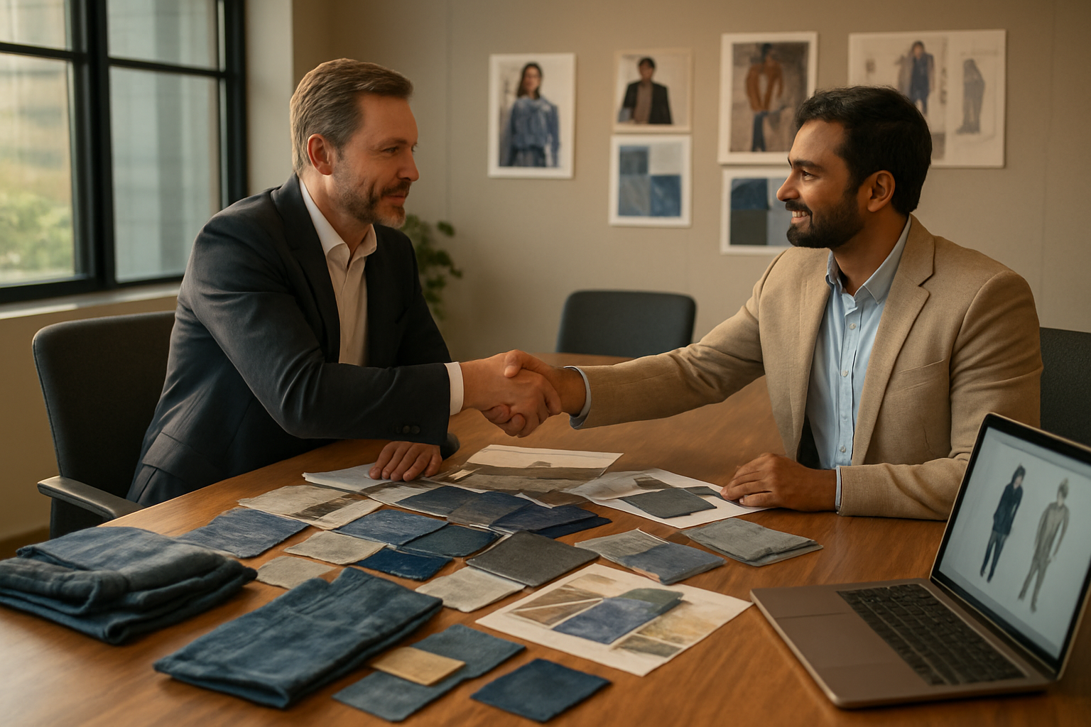 Create a realistic image of a modern office conference room with a large wooden table where white male and Indian male business professionals are shaking hands over fabric samples and denim swatches scattered on the table, with brand mood boards and design sketches visible on the walls, laptops open showing fashion designs, warm professional lighting streaming through large windows, conveying partnership and collaboration in fashion branding, shot from a slightly elevated angle to show the handshake and materials on the table, absolutely NO text should be in the scene.