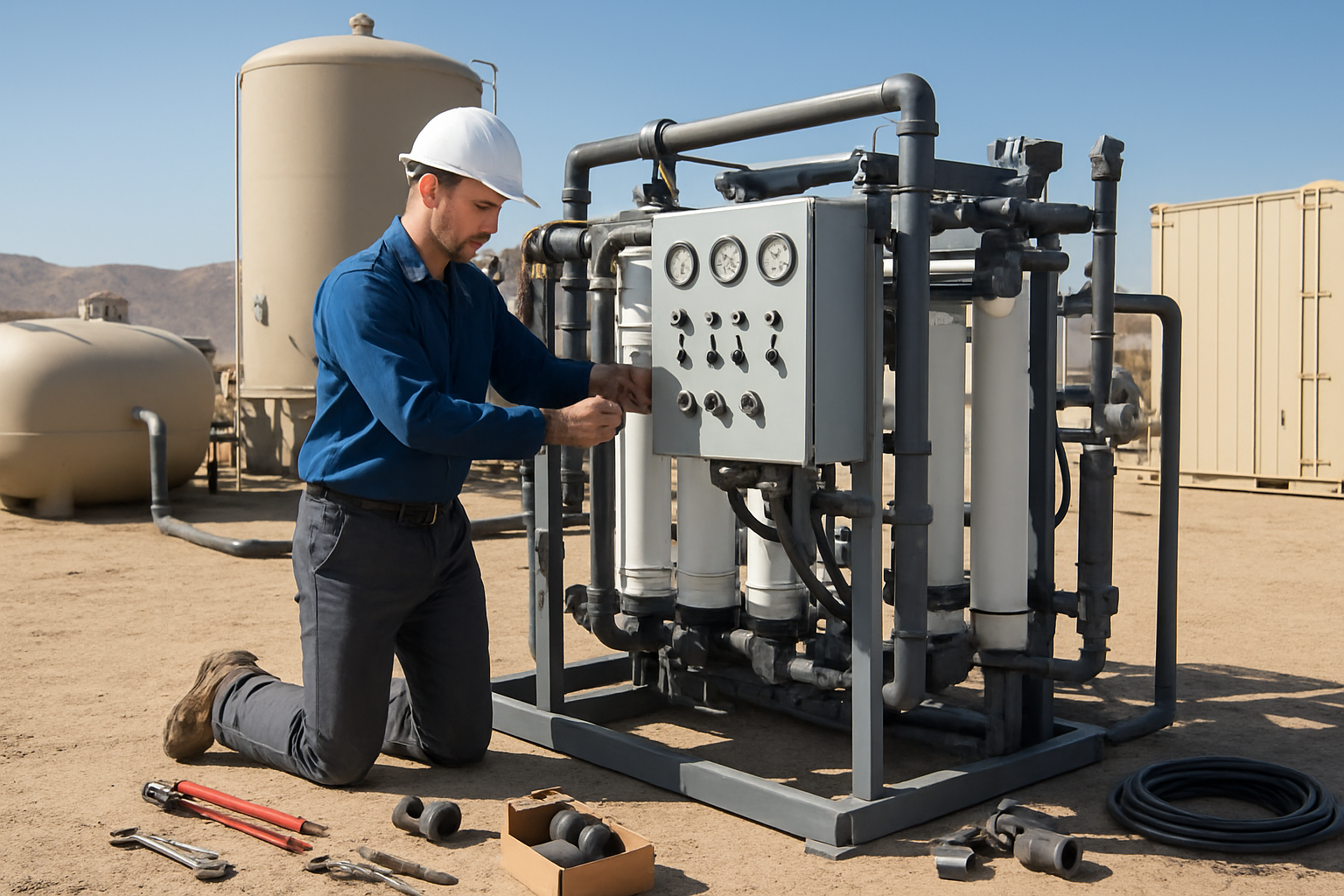 Create a realistic image of a white male technician in work clothes and hard hat installing a large industrial water purification system at an outdoor rig camp facility, showing him connecting pipes and electrical components to a multi-stage filtration unit with control panels, surrounded by industrial equipment and storage tanks against a desert landscape background under bright daylight, with tools and installation materials organized nearby demonstrating proper setup procedures. Absolutely NO text should be in the scene.