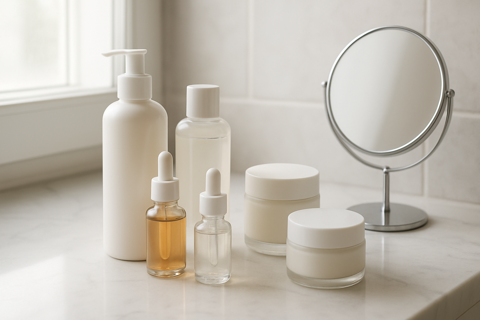 Create a realistic image of various skincare products arranged neatly on a clean white marble bathroom countertop including cleanser bottles, moisturizer jars, serums in dropper bottles, and a small mirror, with soft natural lighting coming from a nearby window, creating a calm and organized atmosphere that represents a daily skincare routine setup, absolutely NO text should be in the scene.