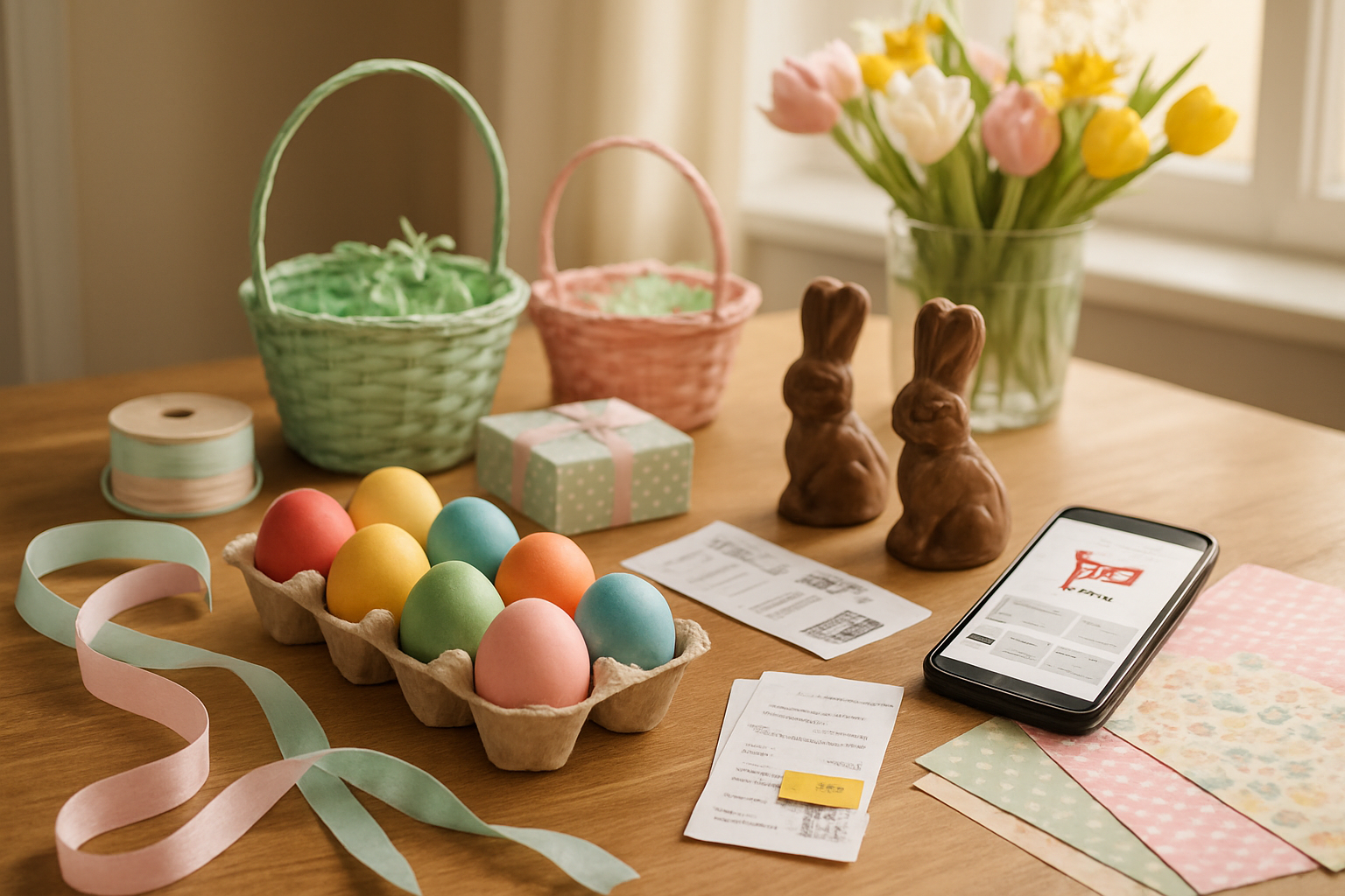 Create a realistic image of a neatly organized Easter shopping scene on a wooden table featuring colorful Easter eggs, chocolate bunnies, pastel-colored gift baskets, DIY craft supplies like ribbons and decorative paper, shopping receipts with visible discount tags, a smartphone displaying a shopping app, and fresh spring flowers in the background, with soft natural lighting from a nearby window creating a warm and satisfied post-shopping atmosphere, absolutely NO text should be in the scene.