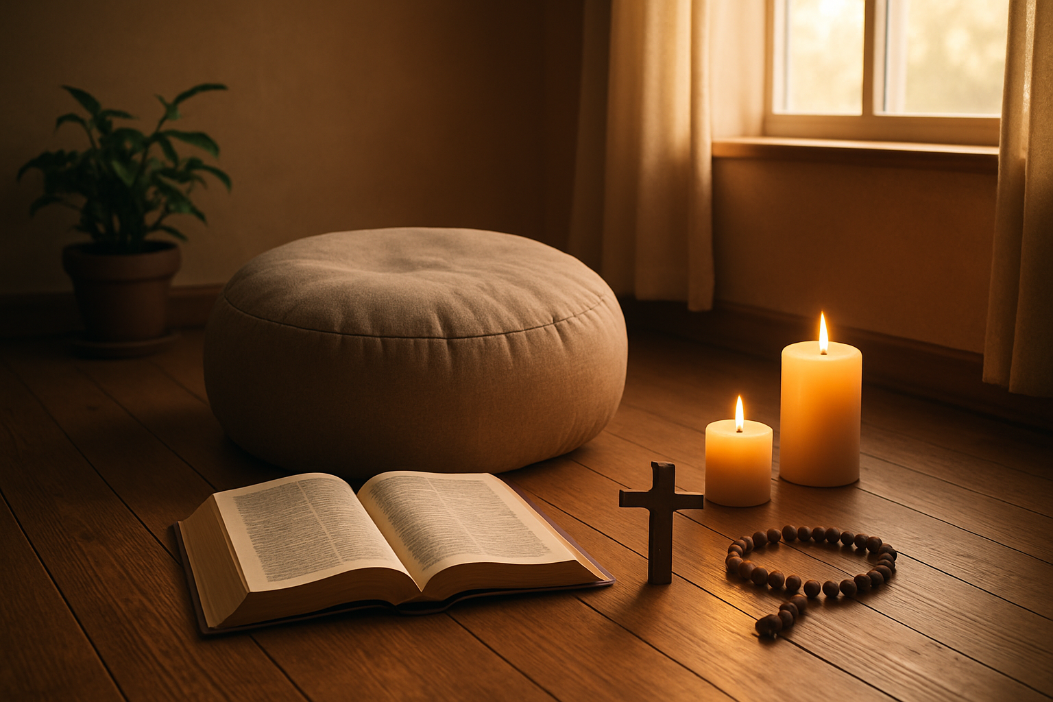 Create a realistic image of a peaceful indoor meditation space with soft natural lighting streaming through a window, featuring a comfortable cushion or chair positioned on a wooden floor, surrounded by spiritual elements like an open Bible, a small cross, candles, and prayer beads, with warm golden hour lighting creating a serene atmosphere that evokes contemplation and spiritual reflection, absolutely NO text should be in the scene.
