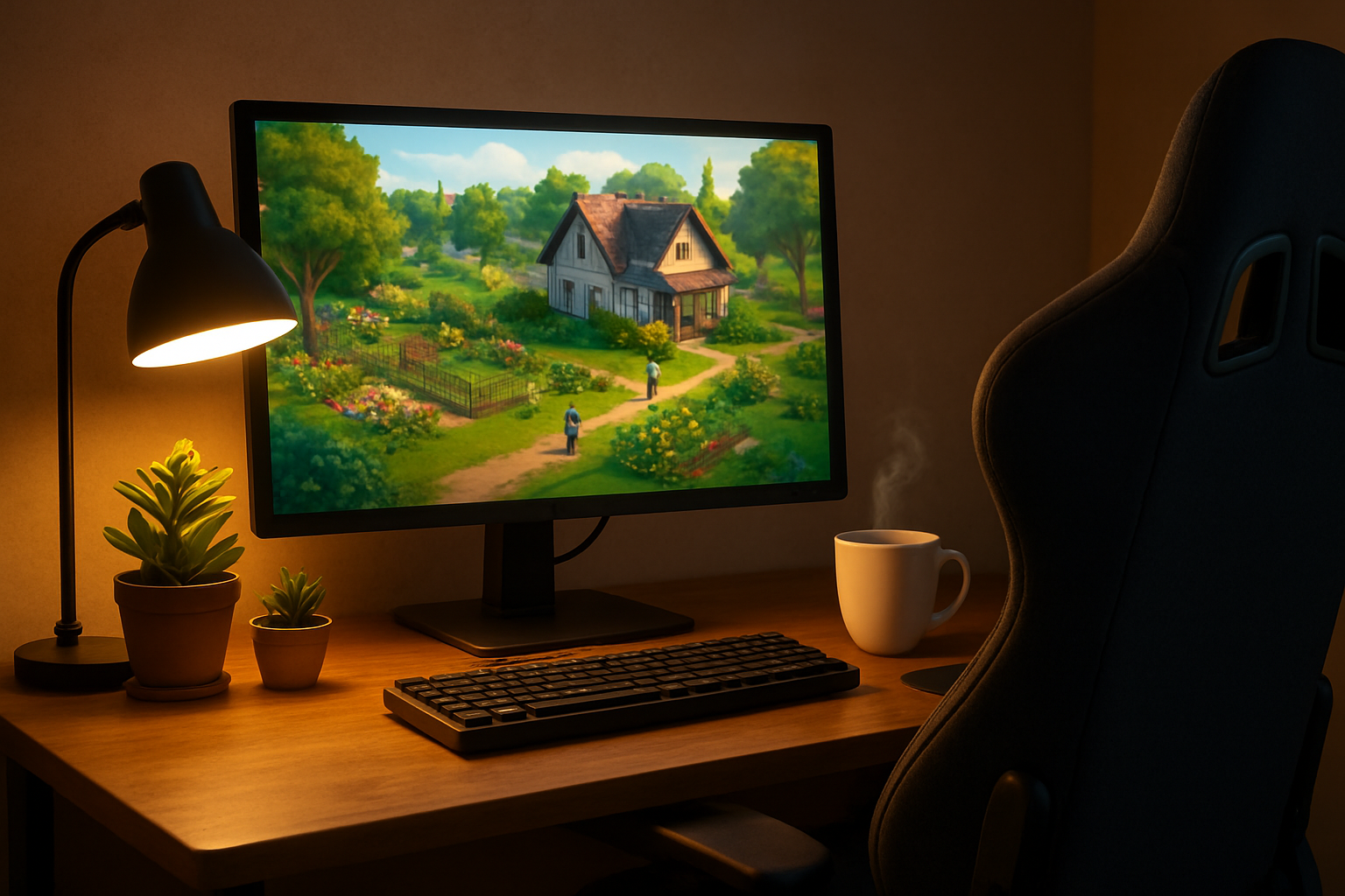 Create a realistic image of a cozy gaming setup showing a computer monitor displaying a peaceful life simulation game interface with a virtual house, garden, and characters going about daily activities, soft warm lighting from a desk lamp illuminating the workspace, a comfortable gaming chair, some potted plants on the desk, a steaming cup of coffee nearby, creating a relaxed and inviting atmosphere that represents casual gaming enjoyment, shot from a side angle perspective, absolutely NO text should be in the scene.
