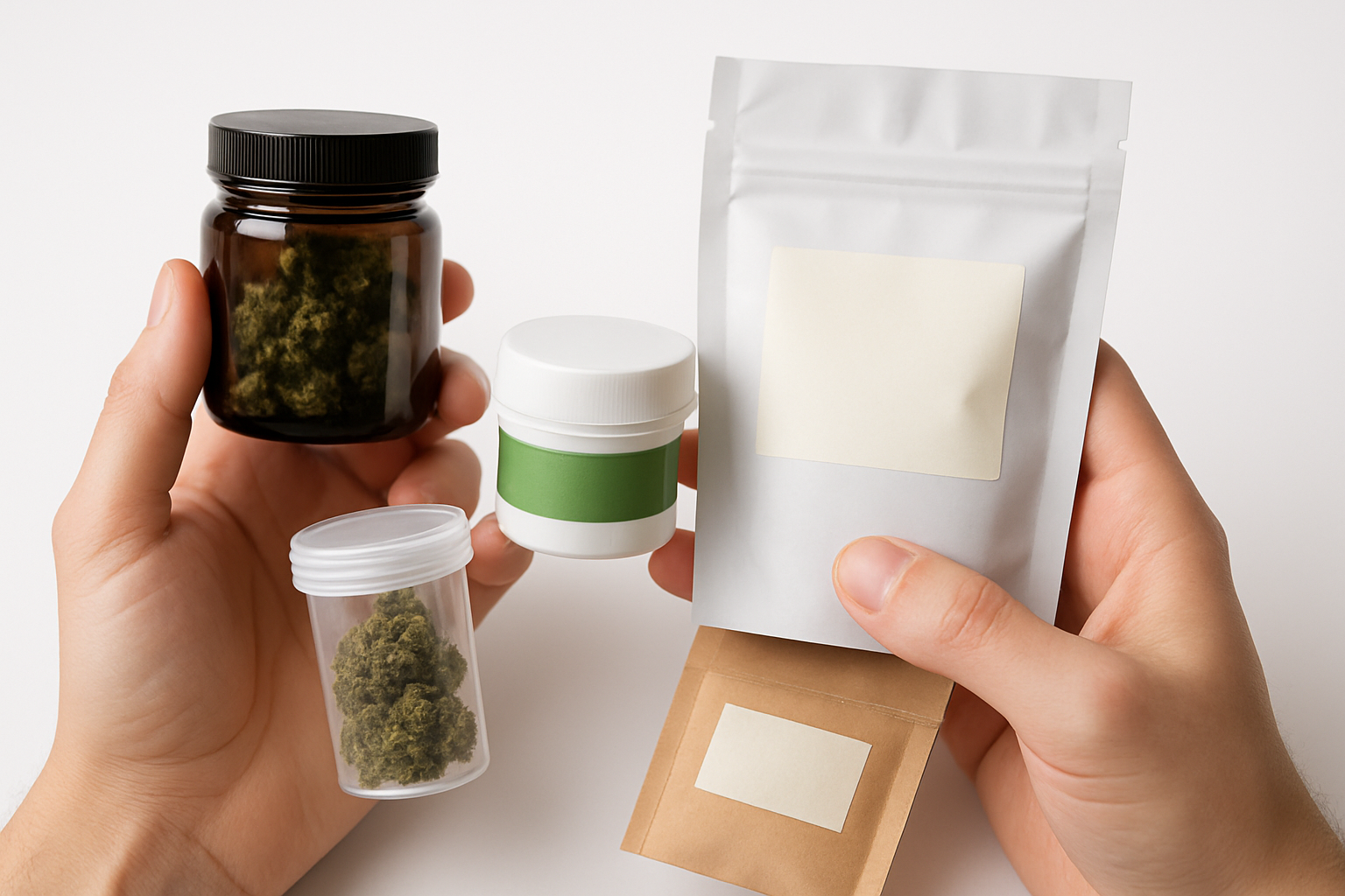 Create a realistic image of hands holding various cannabis product packages and containers, showing different packaging formats like glass jars, plastic containers, and sealed pouches, with someone examining labels and product information, set against a clean white background with soft, even lighting, focusing on the details of packaging without showing any text, absolutely NO text should be in the scene.