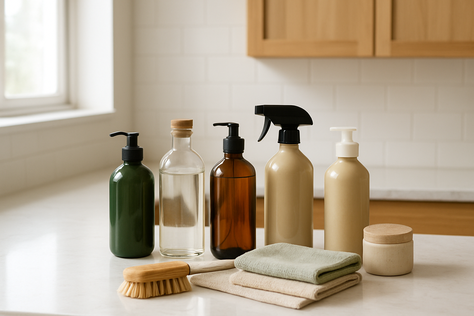Create a realistic image of a clean, modern kitchen countertop displaying an organized arrangement of top-rated natural cleaning product bottles and containers in various sizes and earth-tone colors including green, brown, and clear glass bottles with natural cork or pump dispensers, alongside some cleaning supplies like microfiber cloths and a wooden scrub brush, with soft natural lighting from a nearby window creating gentle shadows, featuring a bright white marble or quartz countertop surface with subtle wood cabinetry in the background, conveying a fresh and eco-friendly cleaning atmosphere. Absolutely NO text should be in the scene.