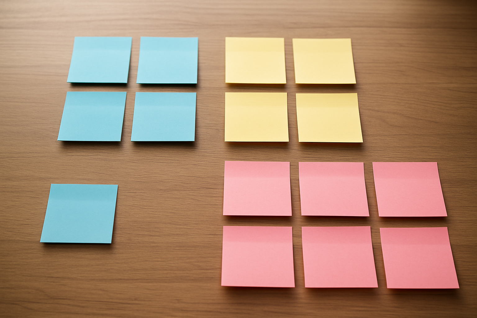 Create a realistic image of colorful sticky notes or index cards arranged in organized groups on a wooden desk surface, with some cards clustered by color (blue cards grouped together, yellow cards grouped together, pink cards grouped together), demonstrating the concept of chunking and categorization, soft natural lighting from a window, clean and organized workspace atmosphere, showing how information can be visually grouped and structured for better memory retention, absolutely NO text should be in the scene.