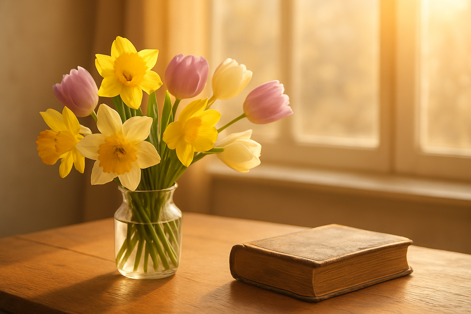 Create a realistic image of a peaceful indoor scene with fresh spring flowers like daffodils and tulips arranged in a simple vase on a wooden table, warm golden sunlight streaming through a window illuminating the flowers, with a worn leather-bound Bible or prayer book placed nearby, soft pastel colors of yellow, purple, and white creating a serene and hopeful atmosphere, shallow depth of field focusing on the beautiful blooms, representing spiritual reflection and the joy of the Easter season, absolutely NO text should be in the scene.