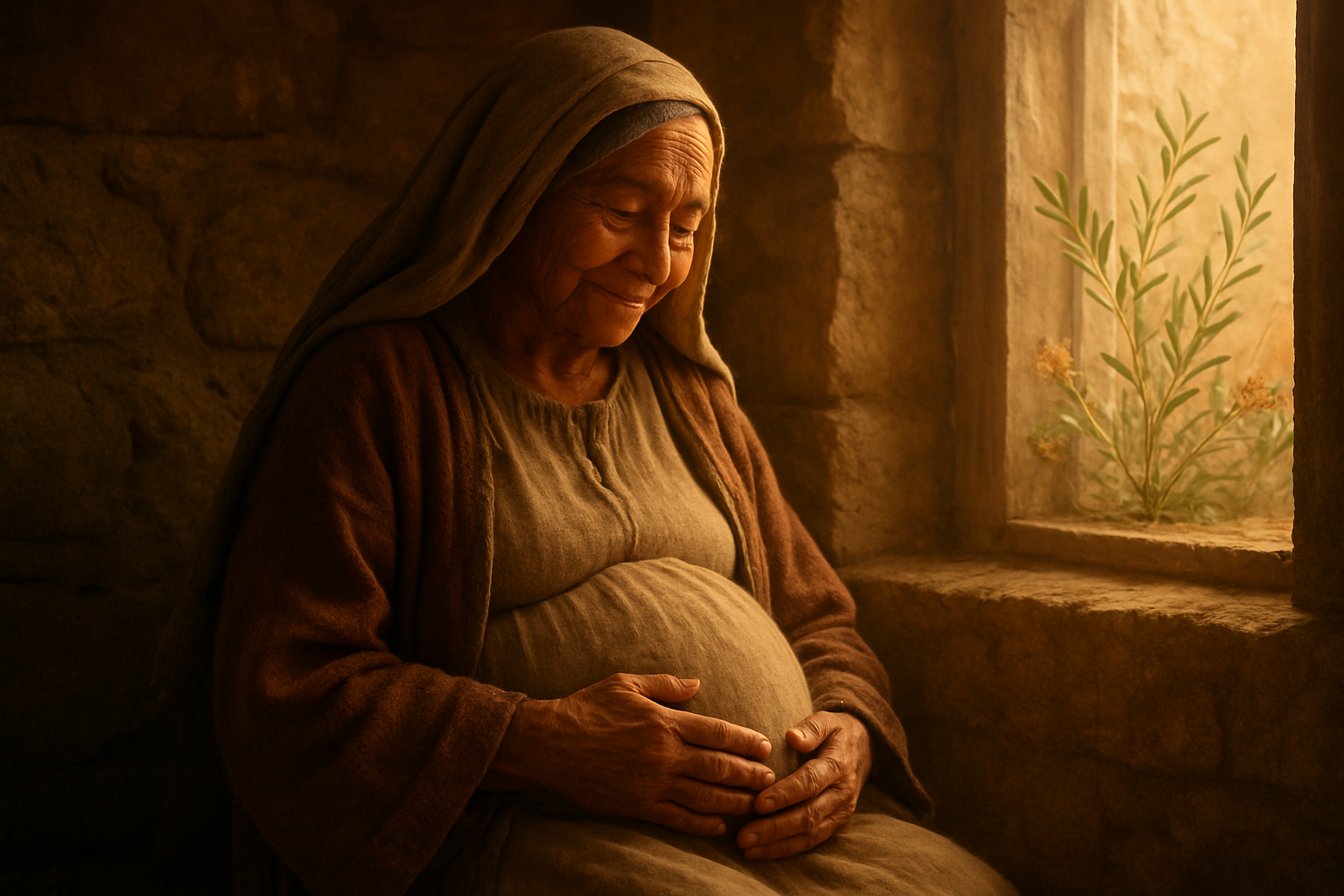 Create a realistic image of an elderly Middle Eastern woman with gentle, weathered hands cradled protectively over her pregnant belly, seated in a simple stone dwelling with warm golden sunlight streaming through a window, her face showing peaceful contentment and faithful trust, wearing traditional biblical-era robes in earth tones, with olive branches and desert flowers visible through the window suggesting new life and hope, soft shadows creating an intimate atmosphere of divine blessing and patient faith fulfilled, absolutely NO text should be in the scene.
