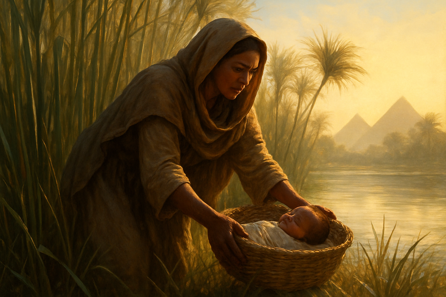 Create a realistic image of an ancient Middle Eastern woman with dark skin and flowing robes carefully placing a woven basket containing a baby among tall papyrus reeds along the edge of the Nile River, with golden morning sunlight filtering through the reeds creating dramatic shadows, while the woman's face shows both determination and protective love as she executes her carefully planned rescue, with the ancient Egyptian landscape visible in the soft-focused background including palm trees and distant pyramids, capturing a moment of profound faith and maternal courage in warm, hopeful lighting. Absolutely NO text should be in the scene.