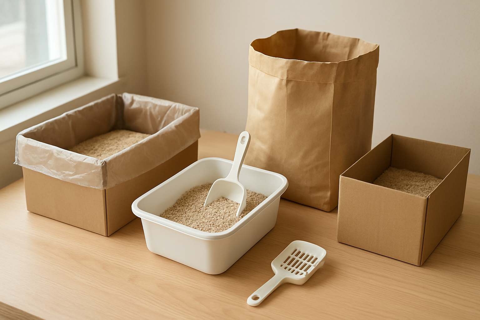 Create a realistic image of various repurposed packaging containers arranged on a clean wooden table or counter surface, including empty cardboard boxes, plastic containers, and paper bags that have been transformed into waste collection systems for cat litter, with small scoops nearby, natural lighting from a window creating soft shadows, and a tidy organized appearance that demonstrates creative reuse of household packaging materials for zero-waste pet care, absolutely NO text should be in the scene.