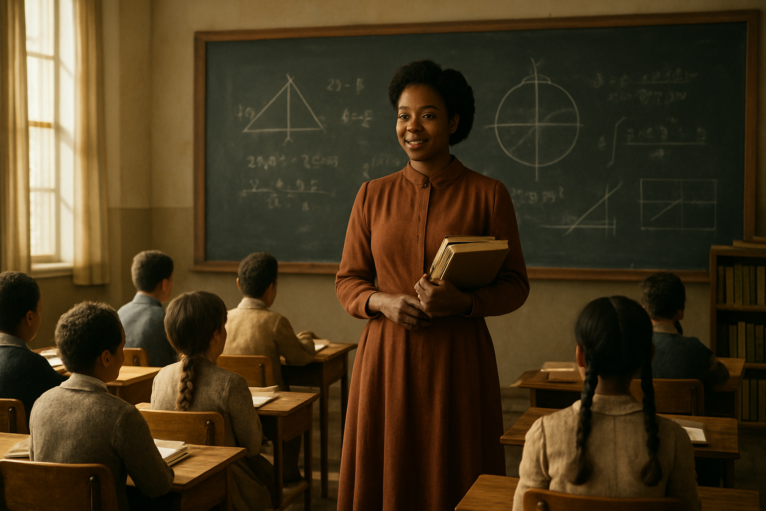 Create a realistic image of a black female educator standing in front of a diverse classroom filled with students of various backgrounds, holding books and teaching materials, with a chalkboard behind her showing mathematical equations and educational diagrams, sunlight streaming through tall windows illuminating wooden desks and bookshelves lined with textbooks, capturing an inspiring and progressive educational atmosphere from the early 20th century, with warm natural lighting creating an uplifting mood that emphasizes learning and opportunity, absolutely NO text should be in the scene.