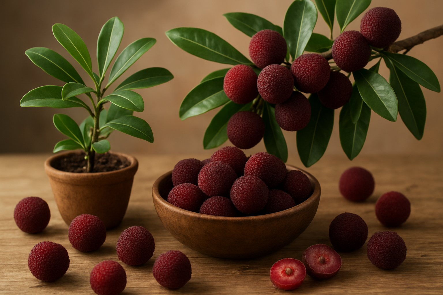 Create a realistic image of a beautifully arranged display showcasing fresh yumberries (Chinese bayberries) as the central focus, featuring clusters of deep red-purple textured berries both on natural wooden branches with green leaves and scattered individually, accompanied by a small potted yumberry plant with healthy foliage, a rustic wooden bowl filled with ripe berries, and subtle hints of culinary preparation like a few berries cut in half revealing their juicy interior, all arranged on a natural wooden surface with soft, warm natural lighting creating gentle shadows, conveying a sense of abundance, health, and natural beauty in an organic farm-to-table aesthetic, absolutely NO text should be in the scene.