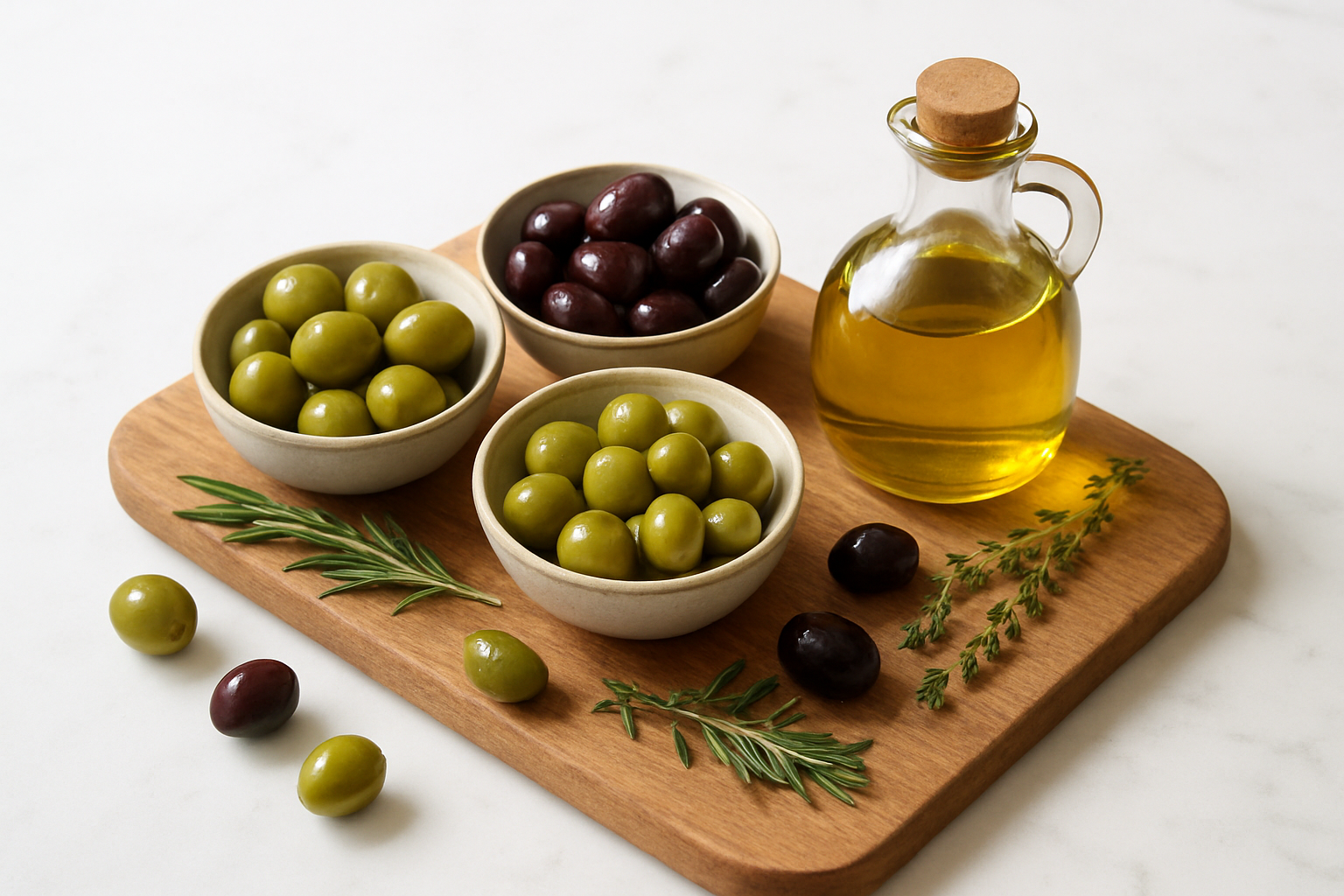 Create a realistic image of a wooden cutting board displaying various types of fresh olives including green and black varieties arranged in small ceramic bowls, alongside olive oil in a glass bottle, with nutritional elements subtly suggested through fresh herbs like rosemary and thyme, a few whole olives scattered around, and soft natural lighting creating an appealing food photography composition on a clean white marble countertop background, absolutely NO text should be in the scene.