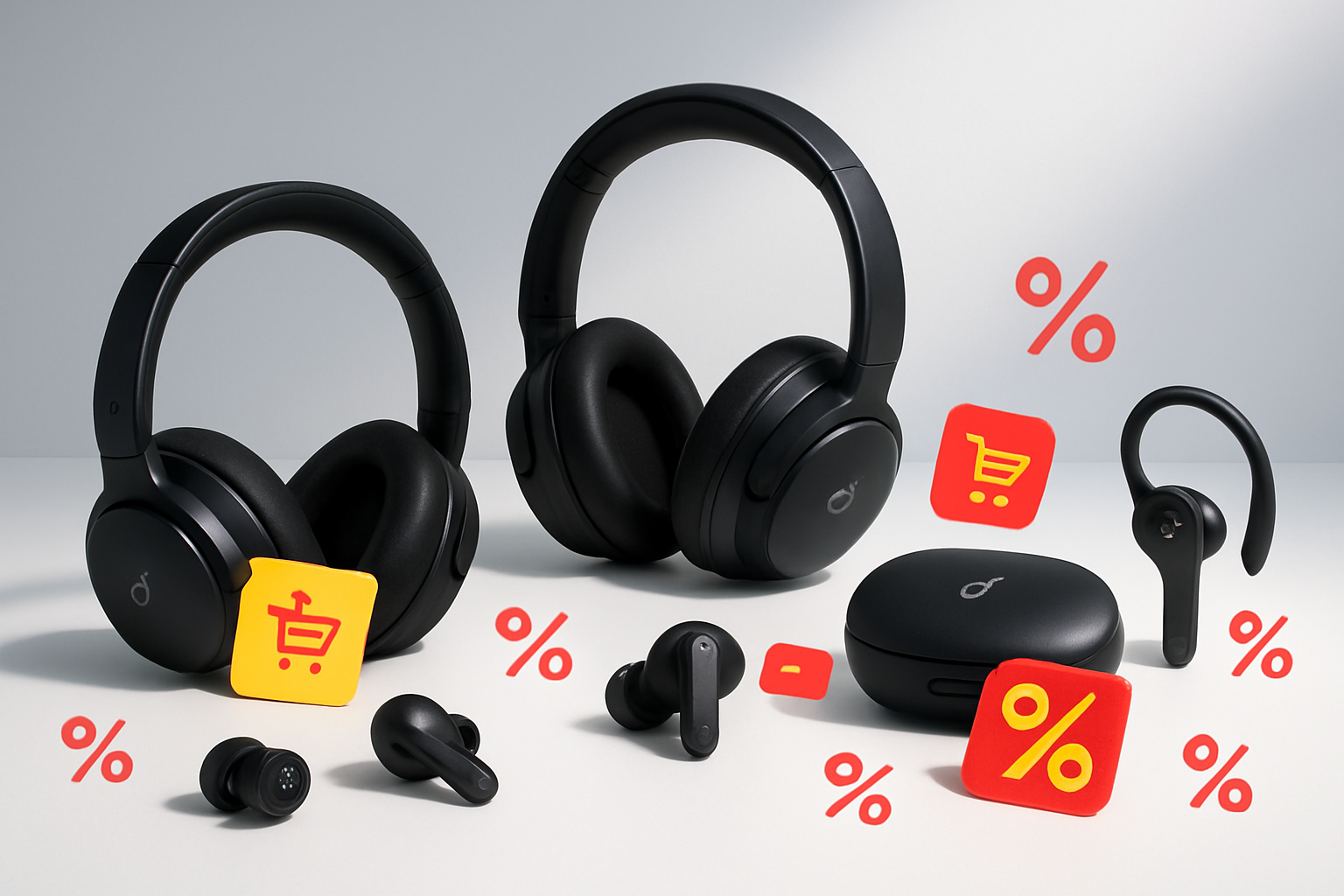 Create a realistic image of various Soundcore wireless headphones and earbuds displayed on a clean white surface with colorful price tags and discount labels attached to each product, shopping cart icons and percentage symbols scattered around the products, bright commercial lighting creating soft shadows, modern minimalist background with subtle gradient, promotional sale atmosphere with vibrant red and yellow accent colors highlighting the deals, absolutely NO text should be in the scene.