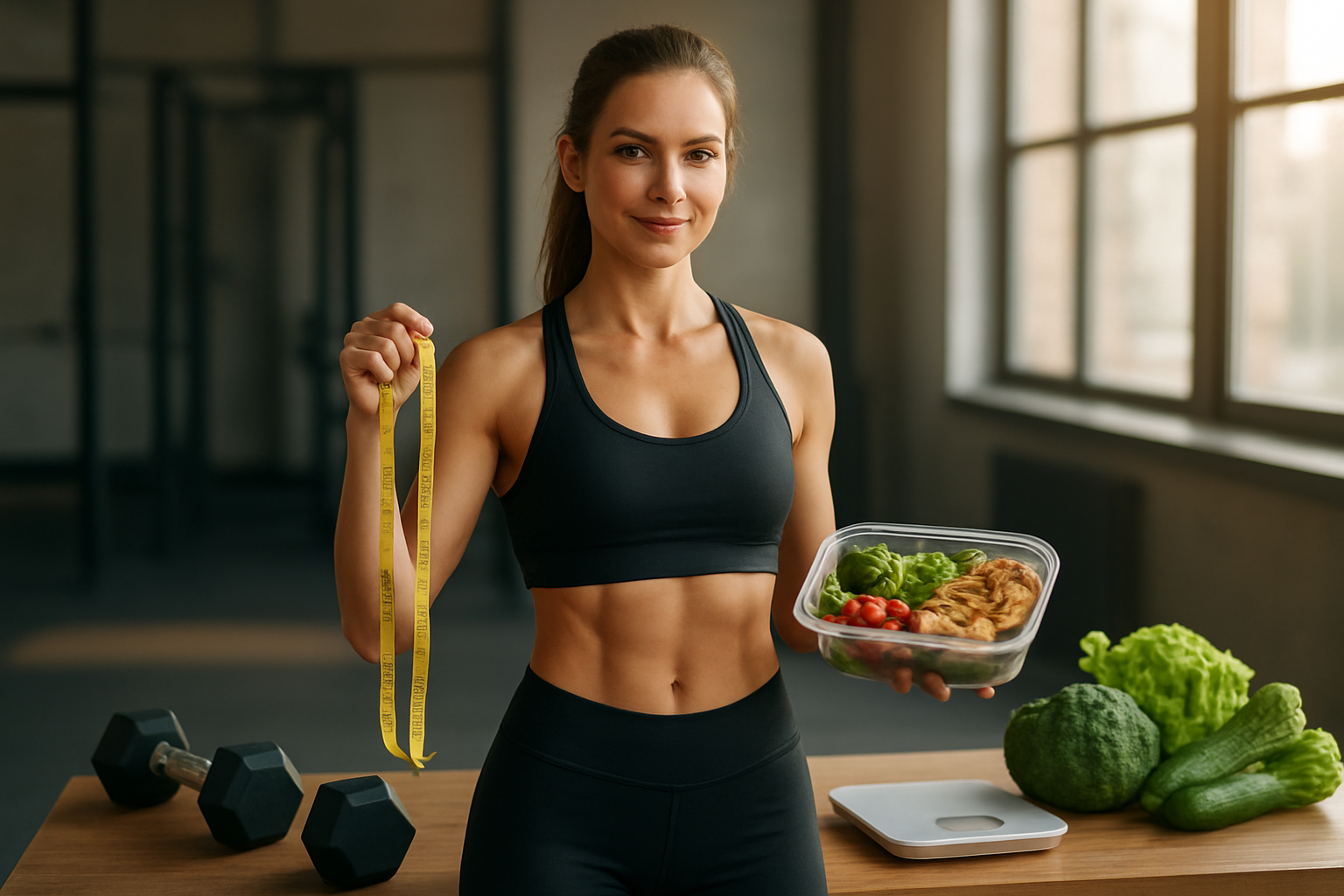 Create a realistic image of a fit white female in athletic wear standing confidently in a modern gym environment, holding a measuring tape in one hand and a healthy meal prep container in the other, with dumbbells, a scale, and fresh vegetables visible on a wooden table beside her, soft natural lighting streaming through large windows creating an inspiring and motivational atmosphere, absolutely NO text should be in the scene.