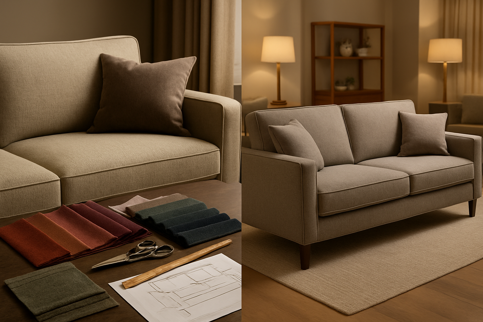Create a realistic image of a split-screen comparison showing a luxurious custom-made sofa on the left side with rich fabric swatches, measuring tools, and design sketches nearby, and a standard ready-made sofa on the right side in a furniture showroom setting, with warm lighting highlighting the contrast between personalized craftsmanship and mass-produced furniture, featuring an elegant living room background with neutral colors and professional furniture display setup, absolutely NO text should be in the scene.