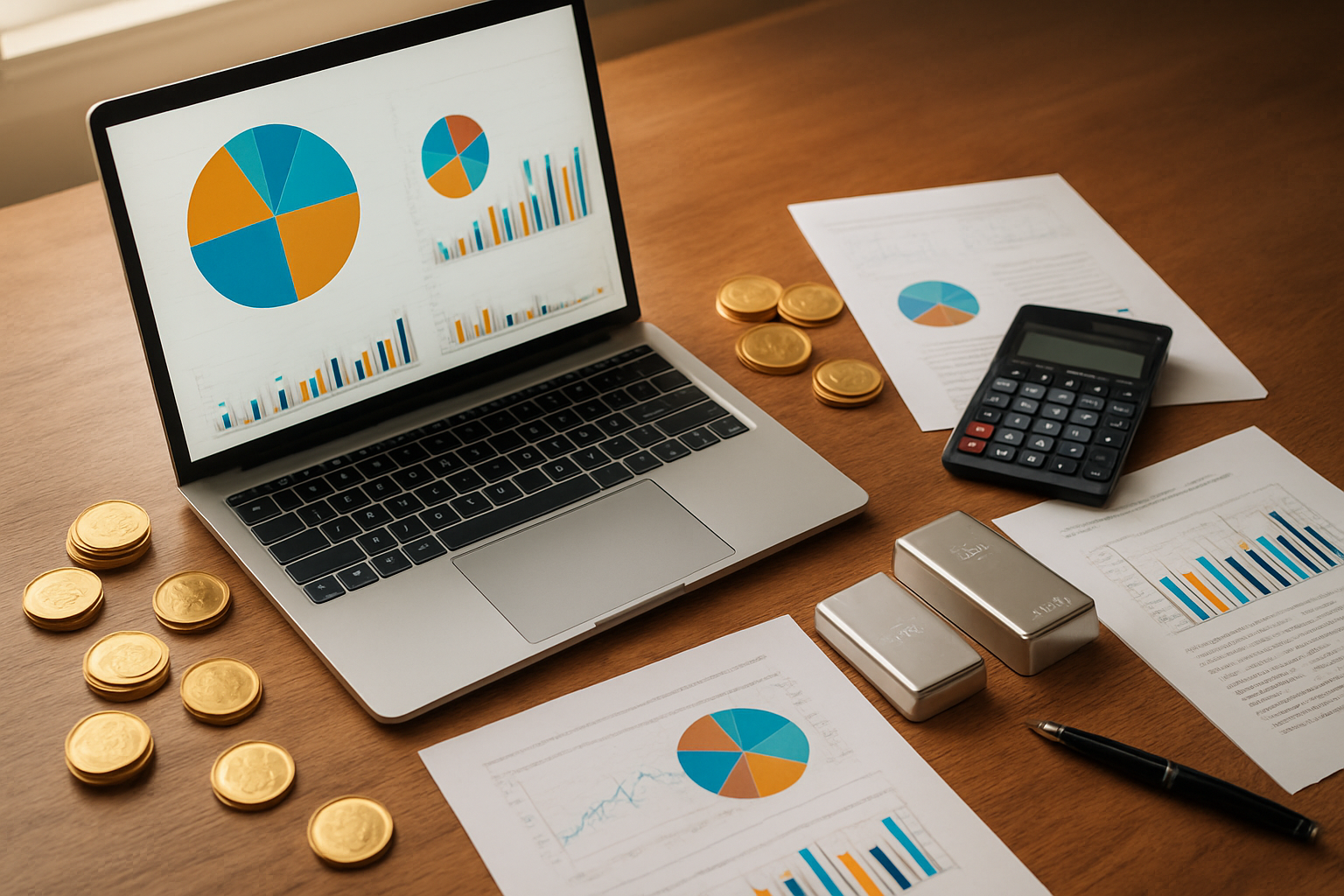 Create a realistic image of a modern Indian investment advisor's desk viewed from above, featuring a laptop displaying colorful pie charts and portfolio allocation graphs, scattered around are gold coins, silver bars, and financial documents with calculator and pen, the scene includes a warm wooden desk surface with soft natural lighting from a window, creating a professional yet approachable atmosphere that represents successful wealth management and precious metals investment strategy, absolutely NO text should be in the scene.