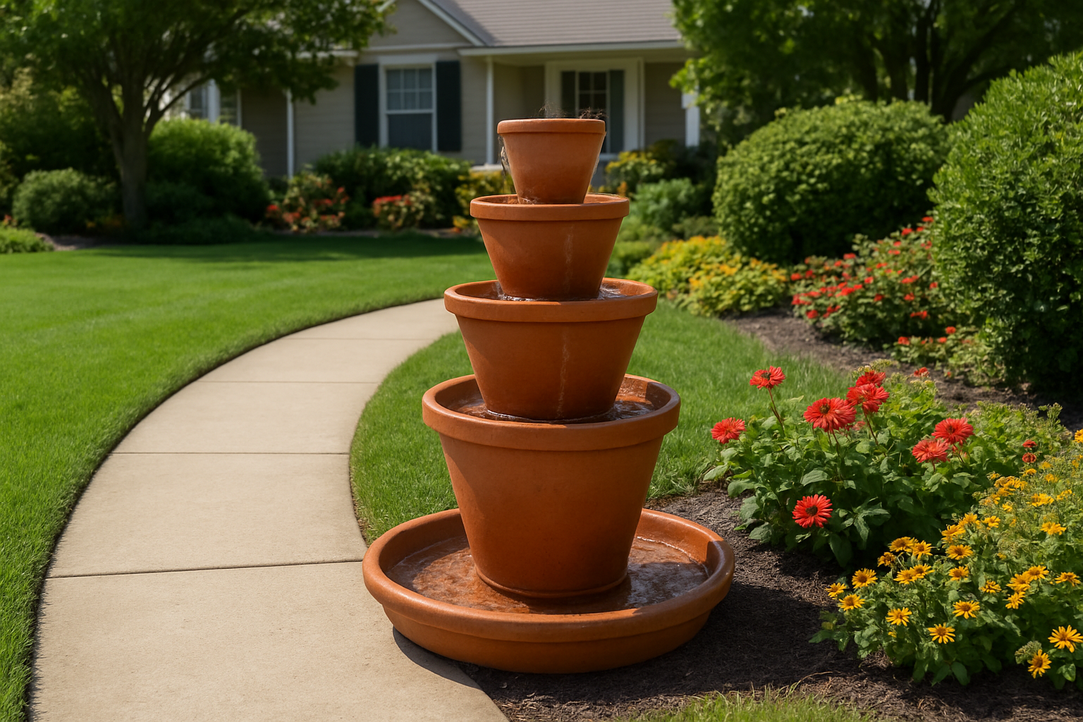 Create a realistic image of a beautifully positioned DIY goblet fountain made from stacked terracotta pots and saucers placed strategically in a front yard landscape, showing the fountain as a focal point near a curved walkway with well-maintained green lawn, colorful flowering plants, and mature shrubs in the background, bright natural daylight illuminating the scene to demonstrate optimal placement for maximum visual impact from the street view, with a charming residential home partially visible in the background, absolutely NO text should be in the scene.