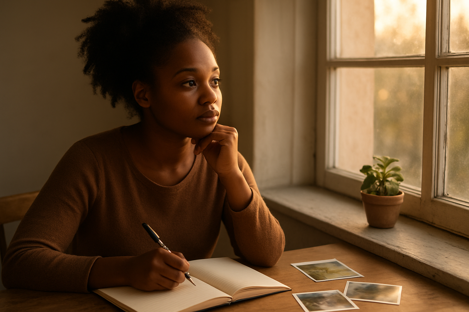 Create a realistic image of a thoughtful black female sitting at a wooden desk near a large window with soft natural light streaming in, holding a pen while writing in an open journal with blank pages, surrounded by a few scattered photographs and a small potted plant, conveying a peaceful and reflective atmosphere of self-discovery and learning from past experiences, with warm golden hour lighting creating a serene mood. Absolutely NO text should be in the scene.