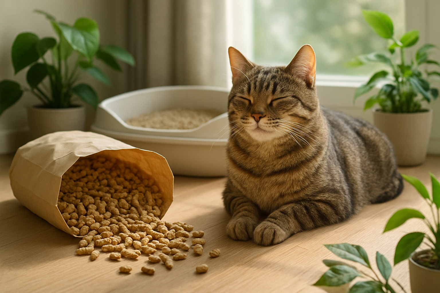 Create a realistic image of a content tabby cat sitting peacefully next to an open bag of natural, wood-pellet eco-friendly cat litter with some pellets scattered nearby, a clean modern litter box filled with natural litter in the background, surrounded by green plant elements like small potted plants and leaves, soft natural lighting streaming through a window, creating a serene and environmentally conscious atmosphere that conveys successful adoption of sustainable pet care practices, absolutely NO text should be in the scene.