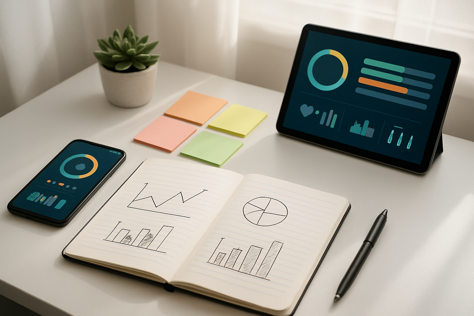 Create a realistic image of a modern wellness tracking setup on a clean white desk featuring an open notebook with hand-drawn progress charts and graphs, a smartphone displaying a fitness app dashboard, a tablet showing wellness metrics, colorful sticky notes arranged nearby, a pen lying beside the notebook, and a small potted succulent plant in the corner, with soft natural lighting coming from a window creating gentle shadows, conveying an organized and motivational atmosphere for personal health planning, absolutely NO text should be in the scene.
