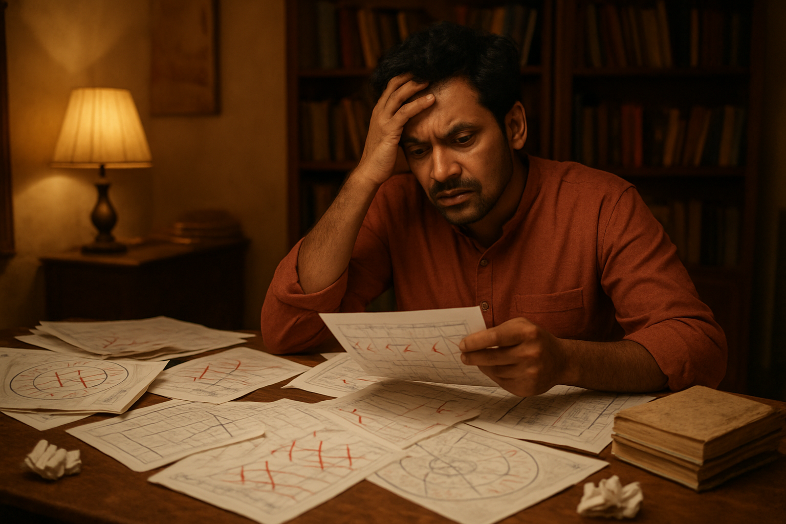Create a realistic image of a South Asian male astrologer sitting at a wooden desk looking confused and frustrated while examining multiple conflicting calendar pages, astronomical charts, and traditional almanacs scattered messily around him, with a worried expression on his face as he holds his head in one hand, surrounded by crossed-out dates and crumpled papers on the floor, warm indoor lighting from a table lamp, traditional Indian home study room background with bookshelves, absolutely NO text should be in the scene.
