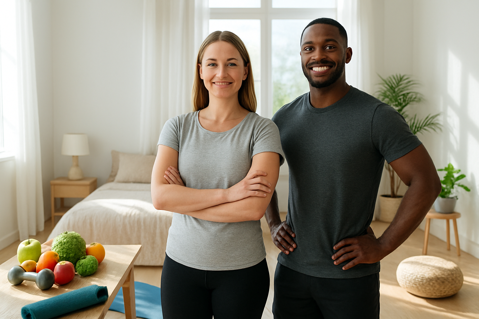 Create a realistic image of a diverse group showing a white female and black male standing confidently together in a bright, modern wellness setting with natural lighting, surrounded by subtle elements representing holistic health including fresh fruits and vegetables, exercise equipment like dumbbells and yoga mat, a peaceful bedroom corner with comfortable pillows, and a meditation space with plants, all arranged harmoniously in a clean, minimalist environment that conveys transformation, achievement, and balanced living, with soft natural sunlight streaming through large windows creating an uplifting and motivational atmosphere, absolutely NO text should be in the scene.