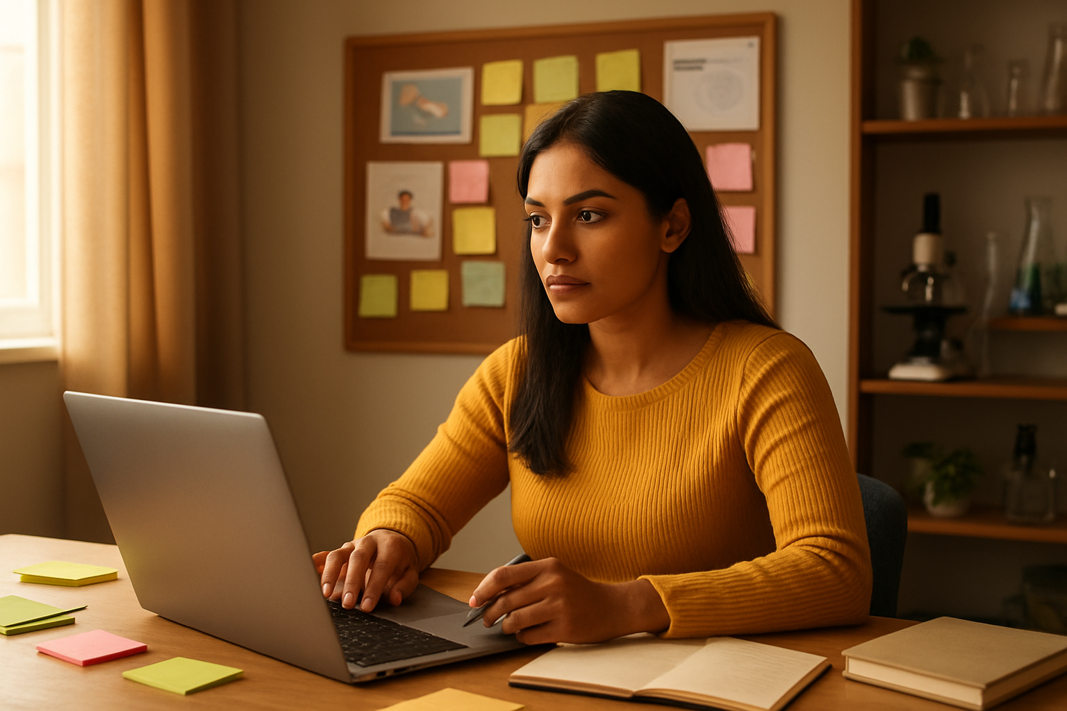 Create a realistic image of an Indian female professional in her late 20s sitting at a modern home office desk with a laptop open, surrounded by strategic planning materials like notebooks, sticky notes, and a vision board on the wall behind her showing career goals and remote work opportunities, with scientific equipment like microscopes and lab equipment subtly visible on shelves in the background, warm natural lighting from a nearby window creating an inspiring and focused atmosphere, the woman appearing confident and determined while working on her career strategy, absolutely NO text should be in the scene.