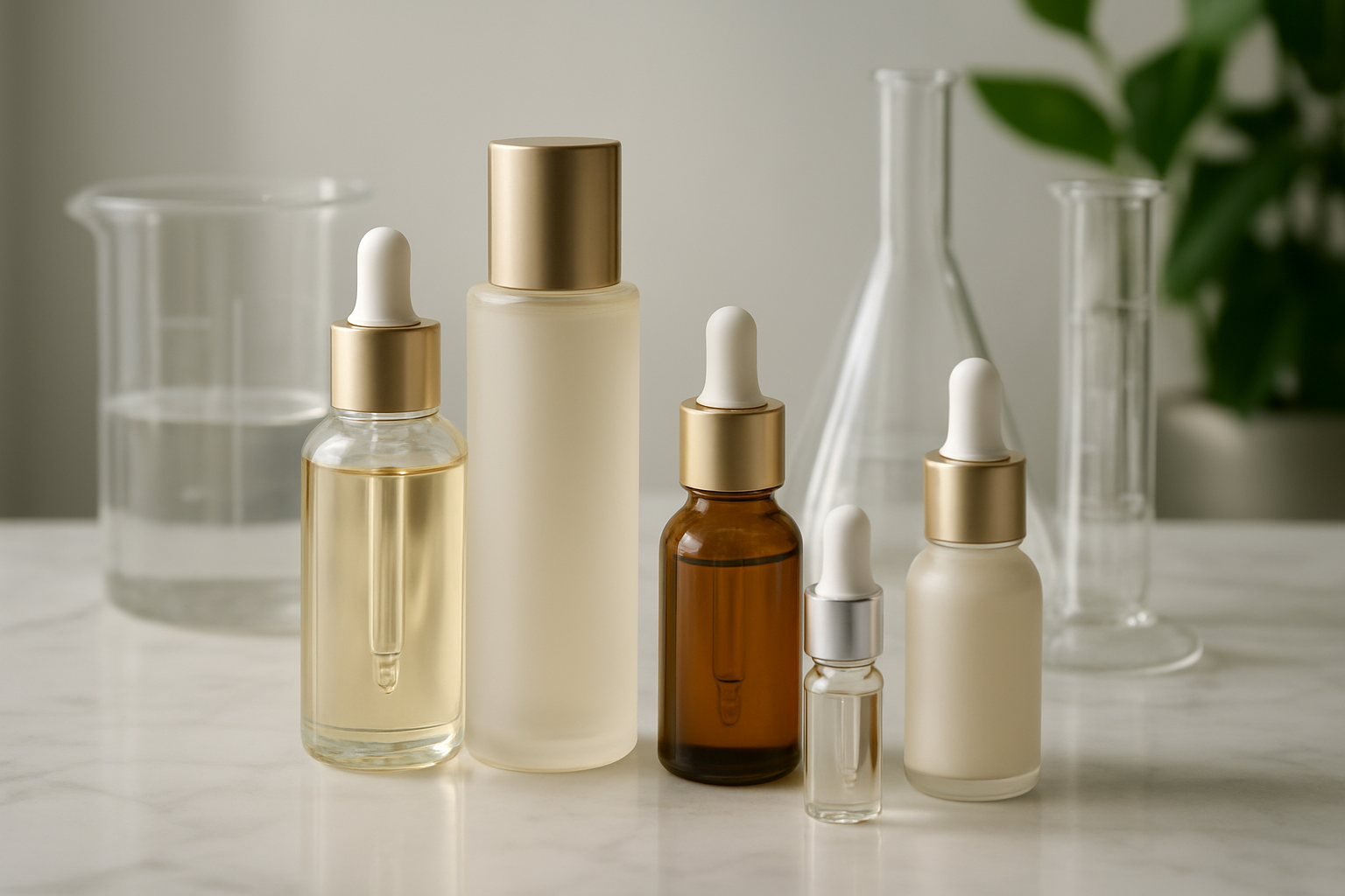 Create a realistic image of elegant glass bottles and dropper vials containing premium skincare serums and treatments arranged on a clean white marble surface, with scientific laboratory equipment like beakers and measuring tools in the background, soft natural lighting creating gentle shadows, luxurious spa-like atmosphere with green plants subtly visible, high-end cosmetic packaging in neutral tones, absolutely NO text should be in the scene.