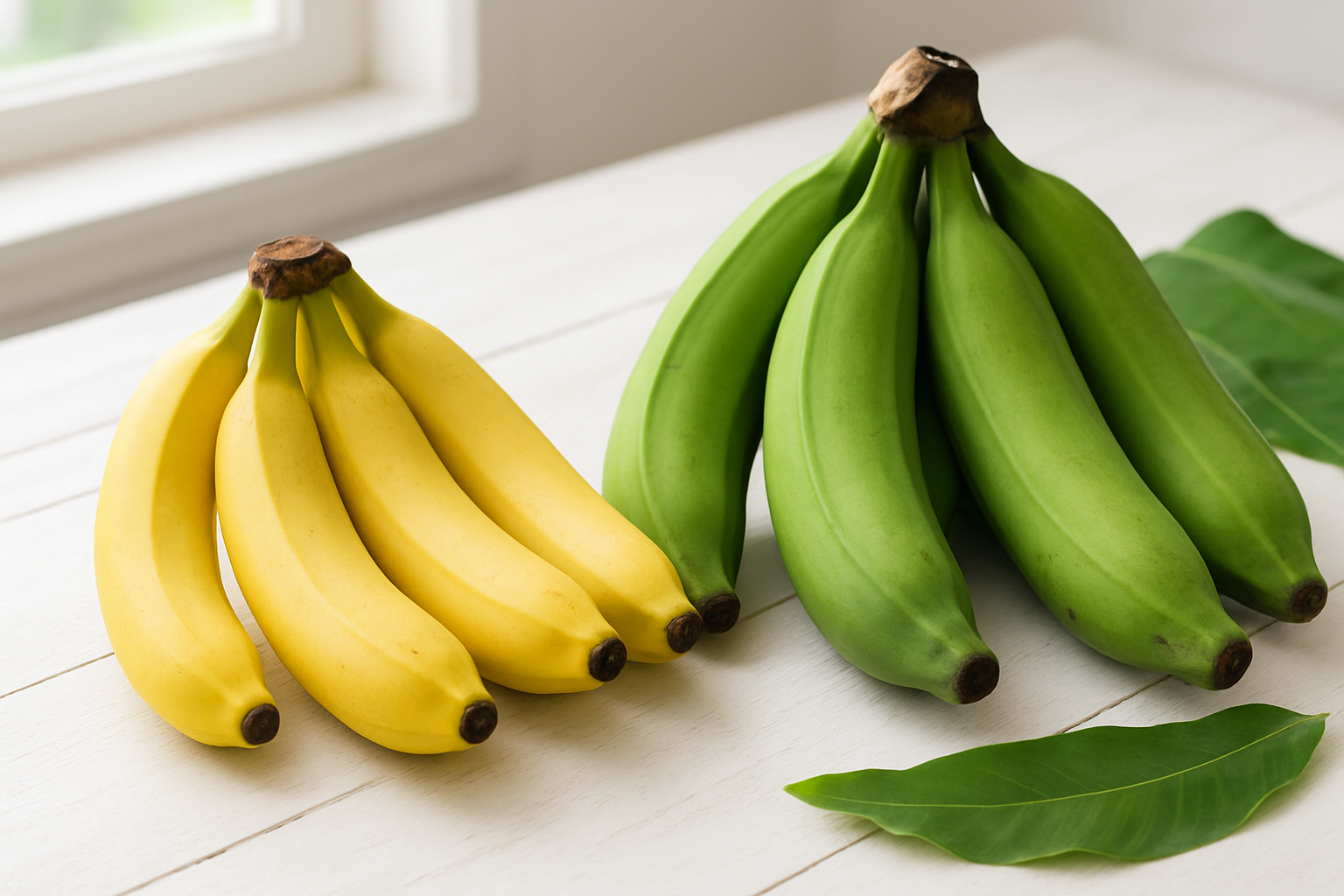 Create a realistic image of a side-by-side comparison showing regular yellow bananas on the left and green cooking bananas (plantains) on the right, displayed on a clean white wooden kitchen counter, with natural daylight illuminating the scene from a nearby window, highlighting the distinct differences in size, color, and shape between the two banana varieties, with the regular bananas appearing smaller and curved with bright yellow peels, while the cooking bananas are larger, straighter, and green-colored, surrounded by a few scattered banana leaves as decorative elements, shot from a slightly elevated angle to clearly show both varieties, absolutely NO text should be in the scene.