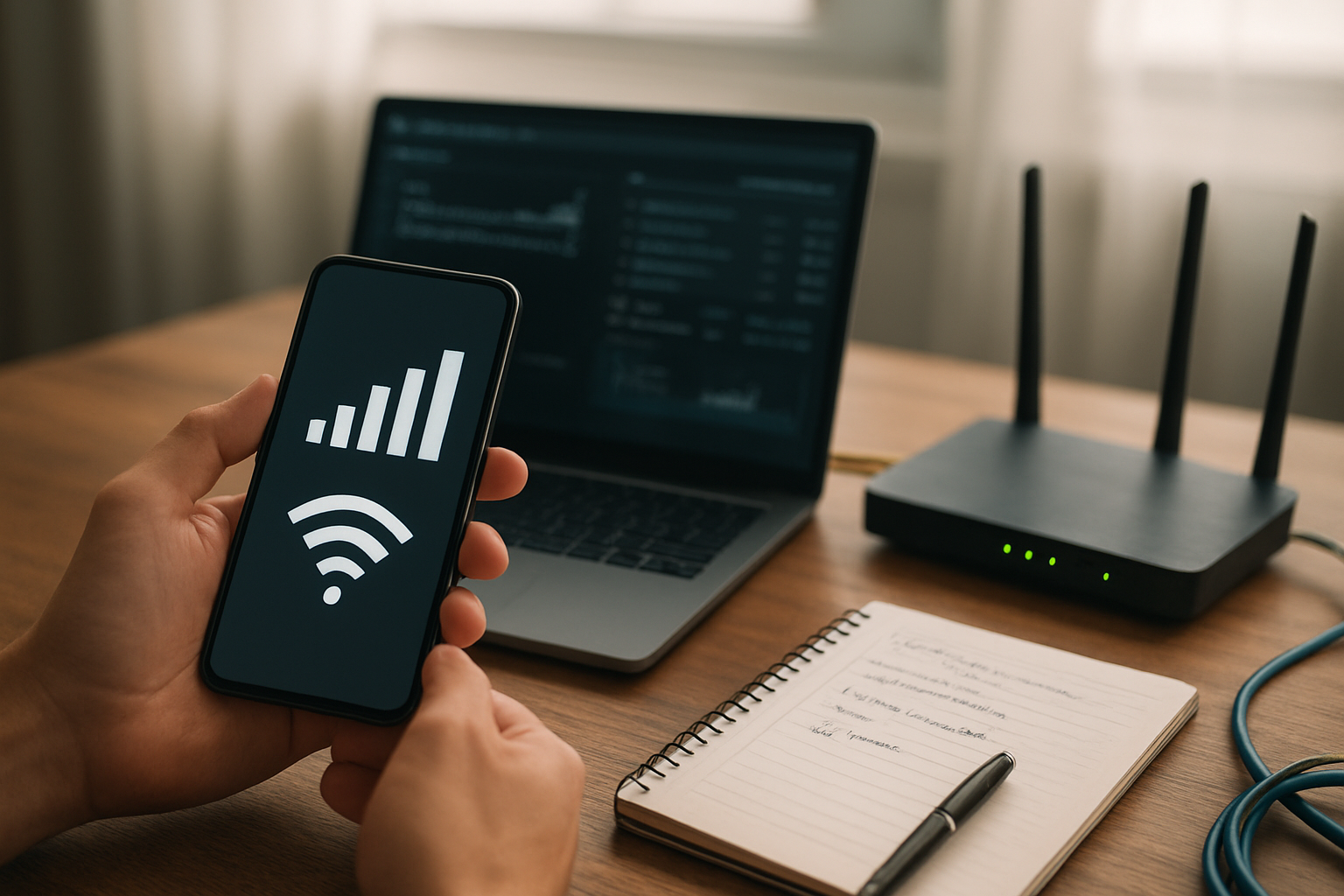Create a realistic image of a person's hands holding a smartphone displaying network signal bars and WiFi icons on the screen, with a laptop computer open on a wooden desk showing network diagnostics tools, surrounded by a wireless router with blinking LED lights, ethernet cables, and a notepad with troubleshooting steps written on it, set in a modern home office environment with soft natural lighting from a window, conveying a focused problem-solving atmosphere, absolutely NO text should be in the scene.