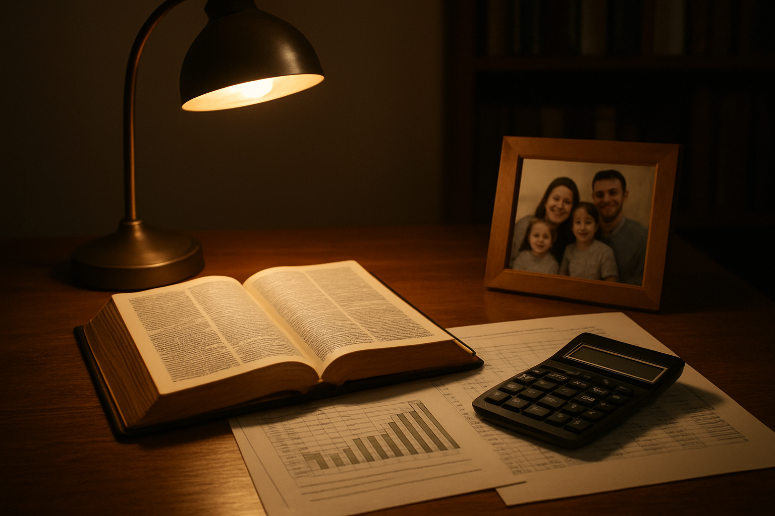 Create a realistic image of an open Bible placed on a wooden desk alongside financial documents, a calculator, and a family photo, with a warm desk lamp casting soft light over the scene, creating a contemplative atmosphere that suggests reflection on personal priorities and stewardship, with a simple home office background featuring bookshelves, absolutely NO text should be in the scene.