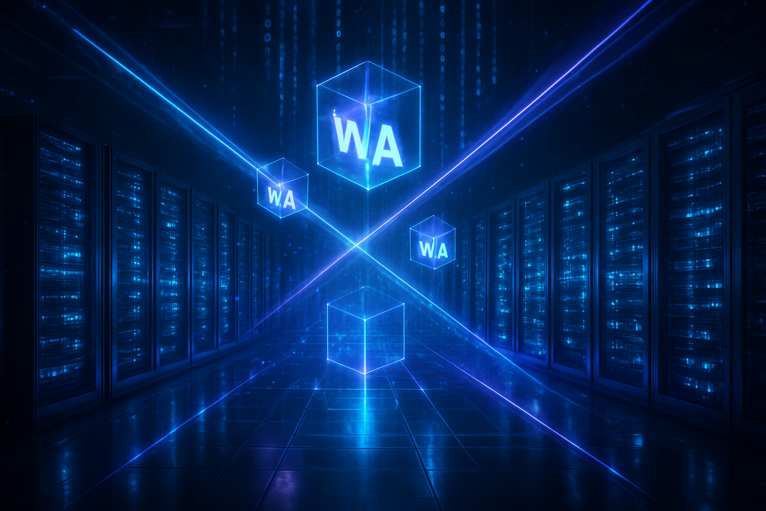 Create a realistic image of a futuristic cloud computing data center with glowing server racks arranged in geometric patterns, featuring floating holographic WebAssembly cube logos and binary code streams flowing through the air, connected by bright blue and purple light beams that represent high-speed data transfer, with a sleek metallic floor reflecting the illuminated equipment, surrounded by a dark technological environment with subtle particle effects suggesting enhanced performance and revolutionary computing power, captured with dramatic lighting that emphasizes the cutting-edge nature of the technology, absolutely NO text should be in the scene.