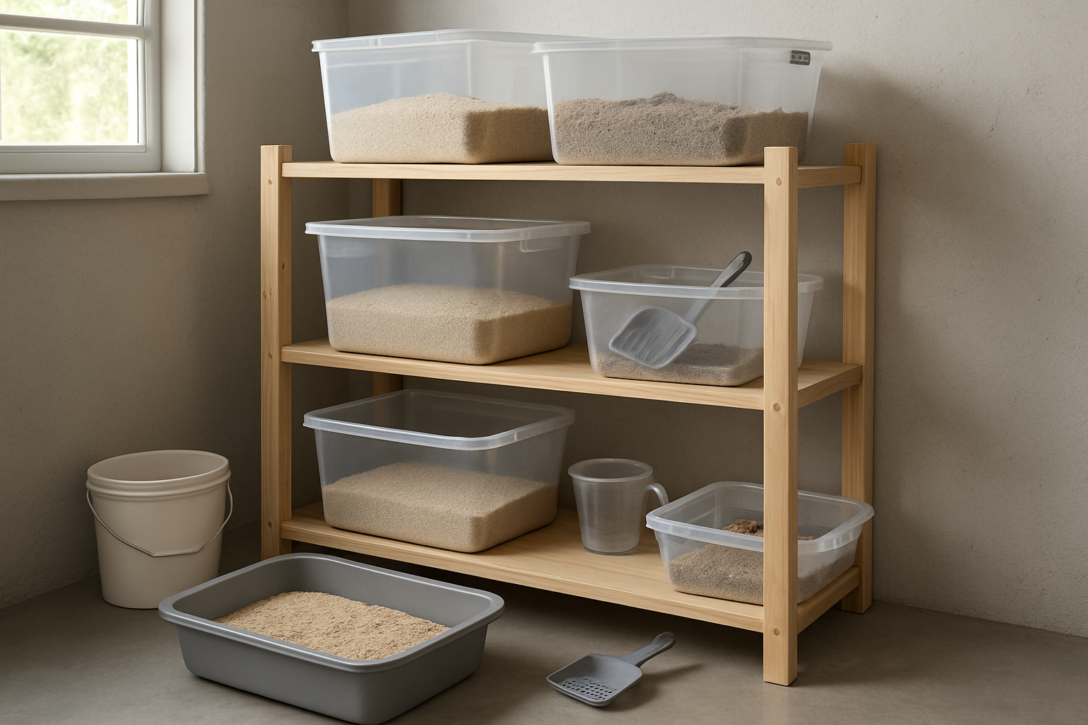 Create a realistic image of a well-organized litter box area featuring multiple clear plastic storage containers of different sizes arranged on wooden shelving, with some containers holding clean cat litter, others containing used litter for composting, and small scoops and measuring tools nearby, set in a clean utility room or garage space with natural lighting from a window, showing an efficient waste separation and collection system for eco-friendly cat waste management, absolutely NO text should be in the scene.