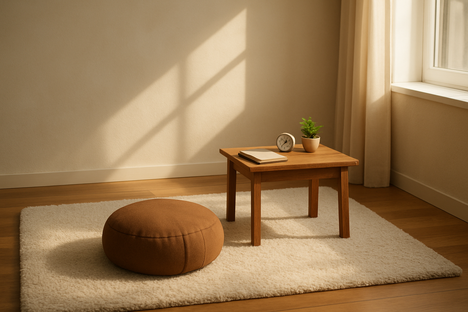 Create a realistic image of a serene meditation corner in a modern home showing a meditation cushion placed on a soft rug, with a small wooden table nearby holding a journal, a simple timer, and a small potted plant, natural morning sunlight streaming through a nearby window creating a peaceful atmosphere, the scene suggesting routine and consistency for daily practice, with warm earth tones and minimalist decor, absolutely NO text should be in the scene.