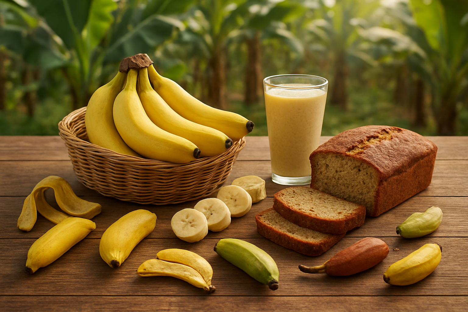 Create a realistic image of a vibrant arrangement showcasing the complete banana journey, featuring fresh yellow bananas in a woven basket, banana plants with large green leaves in the background, sliced bananas revealing their creamy white interior, banana bread and smoothie as prepared foods, scattered banana peels, and small piles of different banana varieties from around the world, all set on a rustic wooden table with warm natural lighting streaming from the side, creating a comprehensive visual summary of bananas from botanical wonder to culinary applications, with a soft-focused tropical plantation visible in the distant background, absolutely NO text should be in the scene.