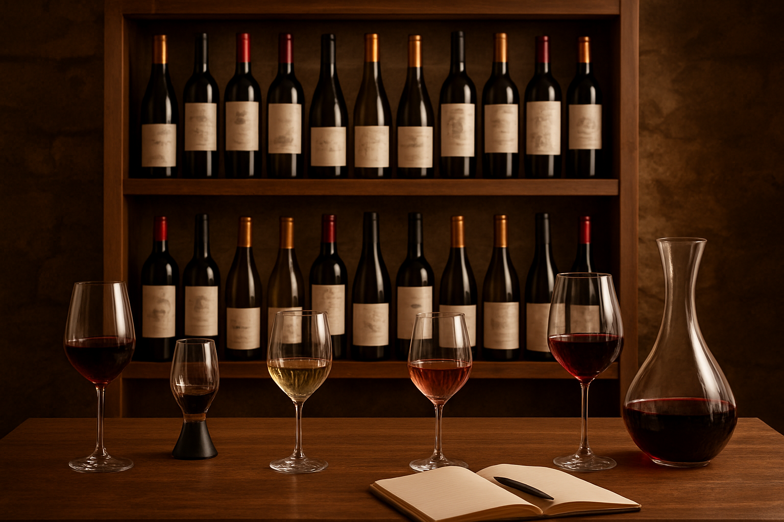 Create a realistic image of an elegant wine display showcasing premium wine bottles arranged on wooden shelves and a rustic wooden table, featuring a curated selection of red, white, and rosé wines from different regions with varied bottle shapes and label designs, wine glasses filled with different colored wines, a sommelier's tasting notes notebook, wine aerator and decanter, warm ambient lighting creating a sophisticated wine cellar atmosphere with stone walls in the background, emphasizing quality and careful curation of wines, absolutely NO text should be in the scene.