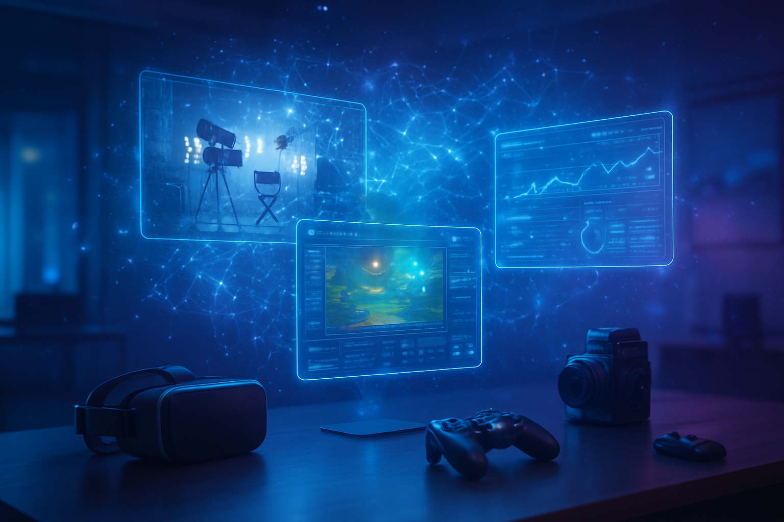 Create a realistic image of a futuristic digital workspace showing the convergence of AI technology with media, entertainment, and gaming industries, featuring holographic displays floating in mid-air showing movie production scenes, game development interfaces, and streaming analytics dashboards, with glowing neural network patterns and data streams connecting different entertainment platforms, set in a modern tech environment with ambient blue and purple lighting creating an innovative atmosphere, including subtle elements like VR headsets, gaming controllers, and film cameras scattered on sleek surfaces, with particle effects and digital overlays suggesting AI transformation across the entertainment landscape, captured with soft professional lighting that emphasizes the technological advancement and future possibilities, absolutely NO text should be in the scene.