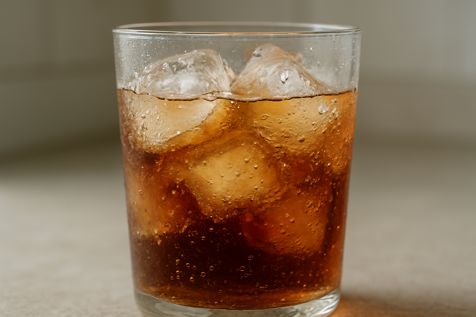 Create a realistic image of ice cubes rapidly melting in a clear glass filled with a cold beverage, with visible water droplets forming around the melting ice and small bubbles rising to the surface, set against a neutral kitchen counter background with soft natural lighting that emphasizes the condensation on the glass and the melting process, showing the scientific concept of heat transfer through close-up detail of the ice transformation from solid to liquid state, absolutely NO text should be in the scene.