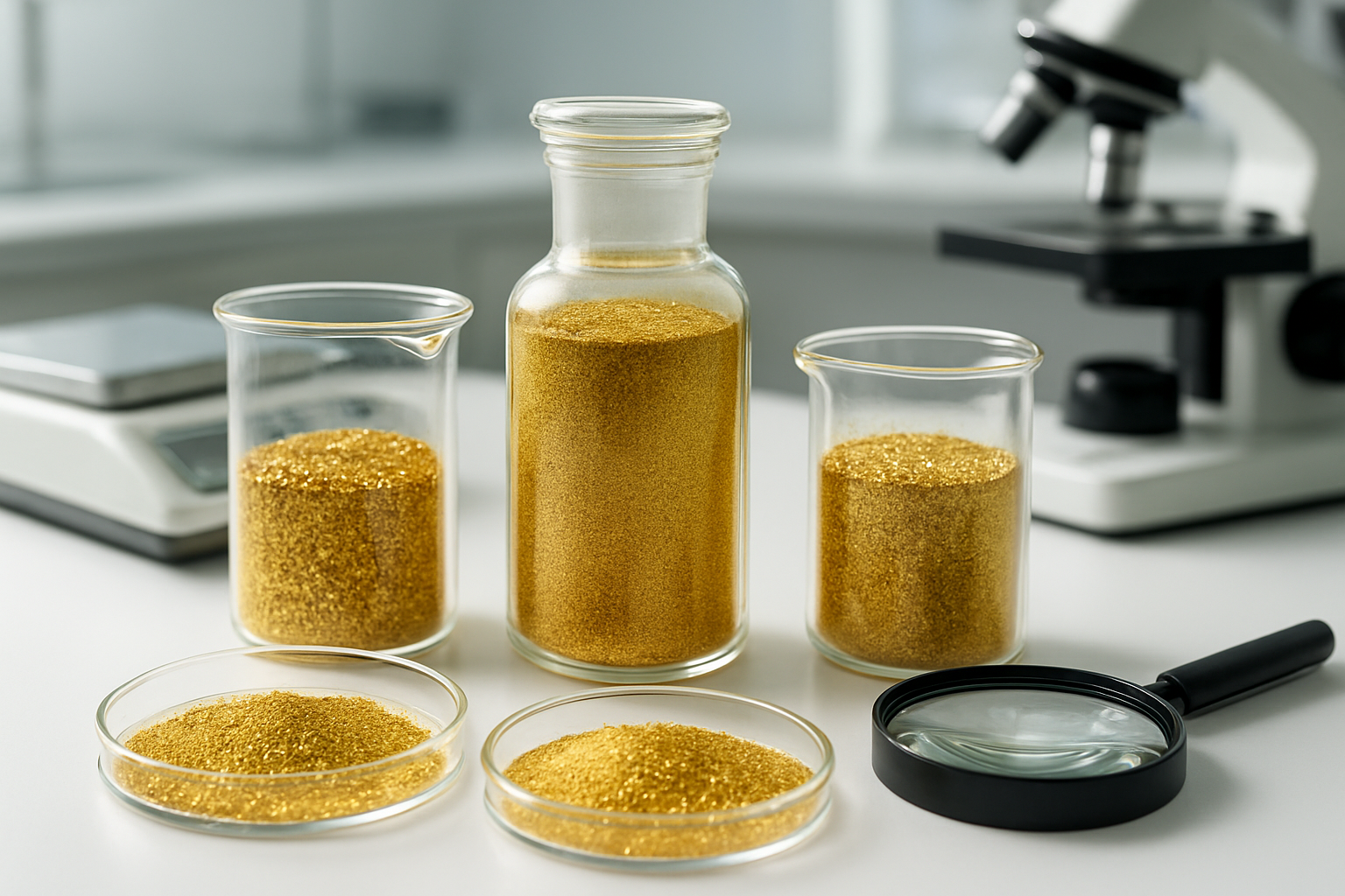 Create a realistic image of fine pure gold dust and powder displayed in professional laboratory glass containers and petri dishes on a clean white laboratory table, with precise measuring instruments including digital scales and magnifying equipment nearby, under bright clinical lighting that makes the golden particles shimmer and sparkle, showcasing different textures and grain sizes of the metallic powder, with a sterile professional laboratory background slightly blurred, emphasizing the high-quality and pure nature of the gold materials for industrial and professional use, absolutely NO text should be in the scene.