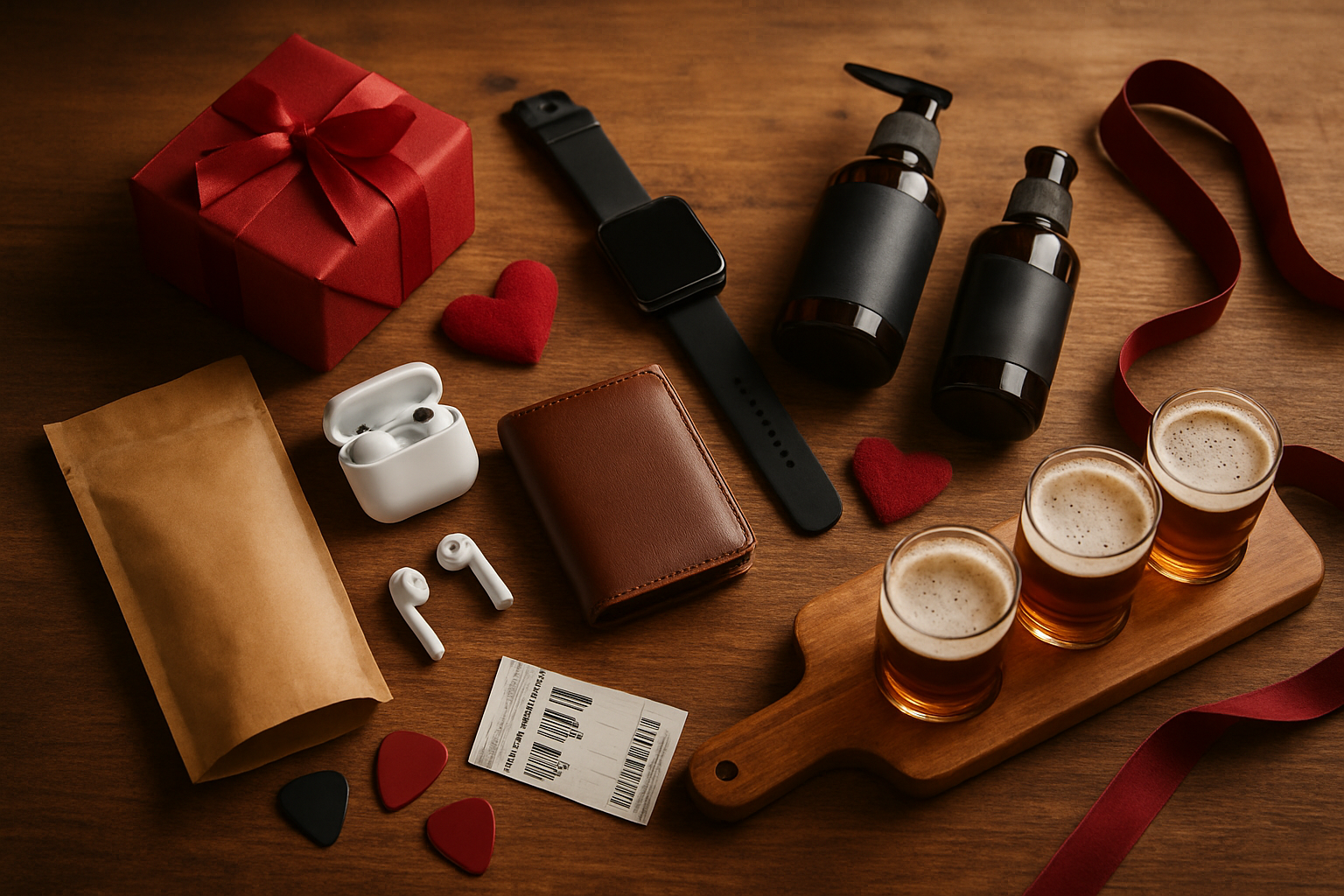 Create a realistic image of a beautifully arranged collection of Valentine's Day gifts for men displayed on a rustic wooden table, featuring a sleek smartwatch, wireless earbuds, a personalized leather wallet, grooming products including beard oil and cologne bottles, concert tickets, a craft beer flight paddle, and hobby items like a premium coffee bag and guitar picks, all artfully arranged with subtle red and burgundy Valentine's accents, soft romantic lighting creating gentle shadows, warm intimate atmosphere suggesting thoughtful gift-giving, absolutely NO text should be in the scene.