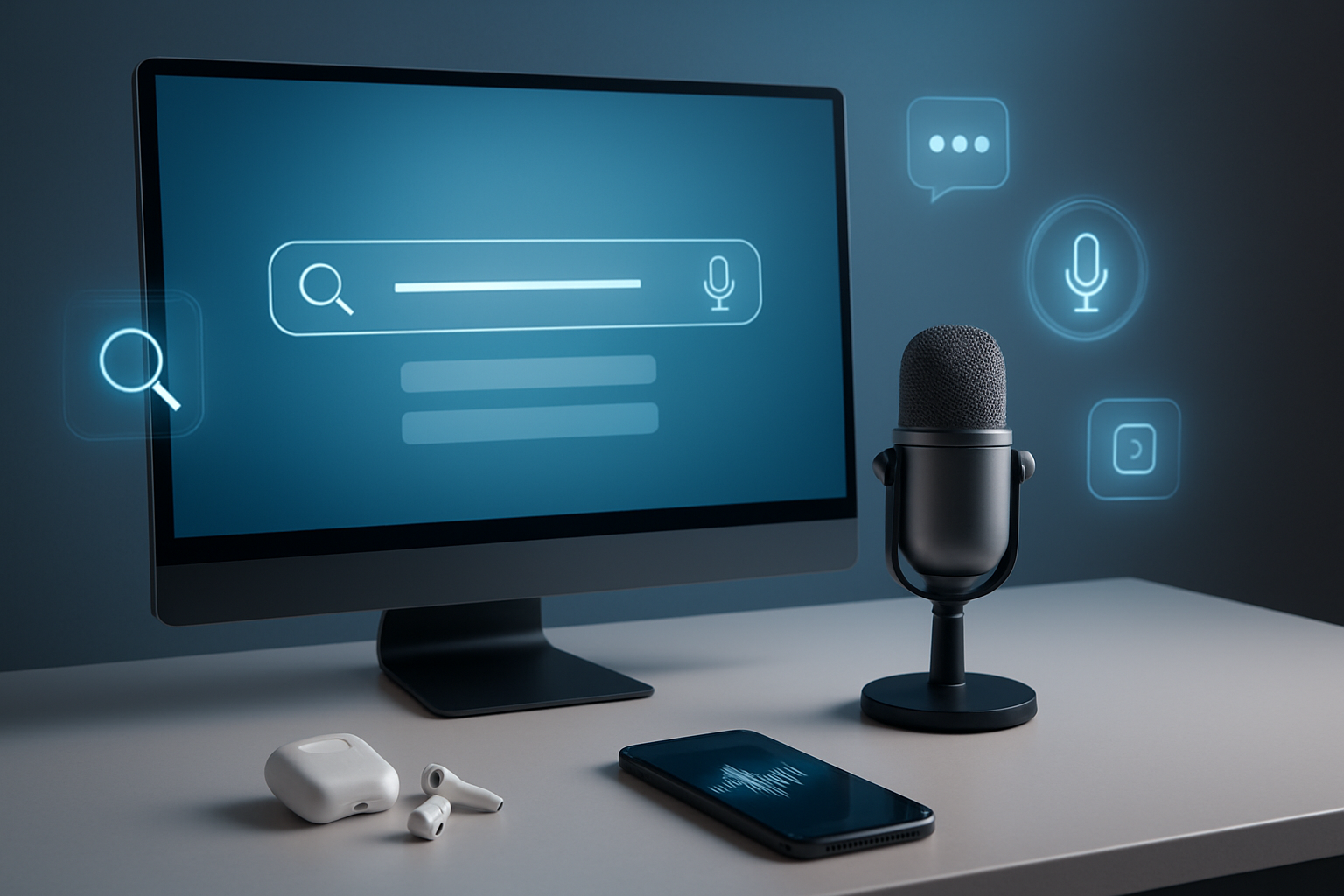 Create a realistic image of a modern workspace featuring AI-powered search and voice technology tools, with a sleek computer monitor displaying search interface elements, a high-quality microphone on a stand, wireless earbuds, and a smartphone with voice wave animations visible on screen, surrounded by floating holographic icons representing voice commands and search queries, set against a clean minimalist desk with soft ambient lighting and a subtle tech-forward background, conveying innovation and digital transformation in content creation, absolutely NO text should be in the scene.