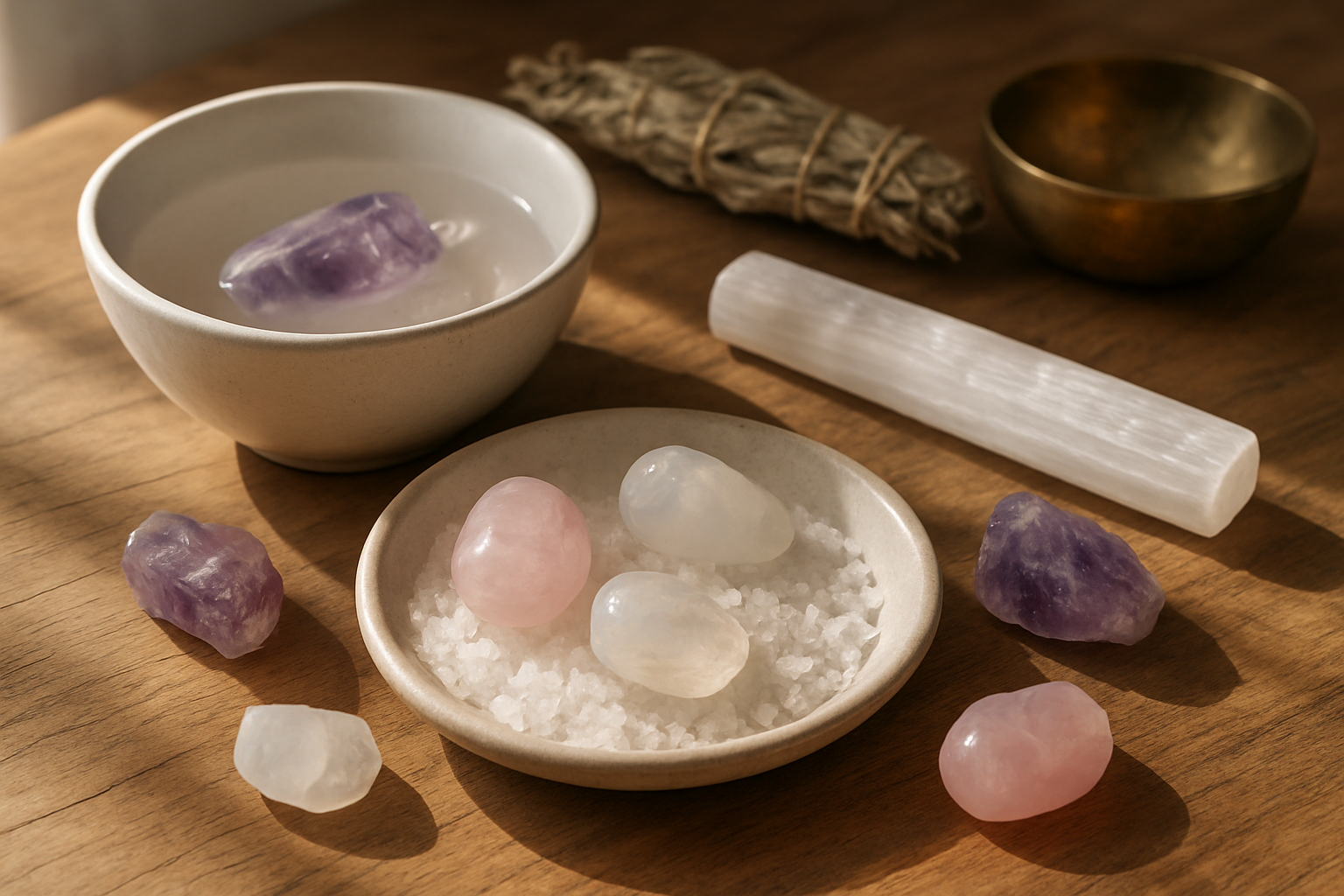 Create a realistic image of various sleep crystals including amethyst, rose quartz, and moonstone arranged on a natural wooden surface, with some crystals being cleansed in a white ceramic bowl filled with clear water, other crystals placed on a bed of sea salt in a shallow dish, and additional crystals positioned near a softly glowing selenite charging wand, all illuminated by gentle natural sunlight streaming through a window creating a peaceful and serene atmosphere, with dried sage bundles and a small singing bowl visible in the background, absolutely NO text should be in the scene.