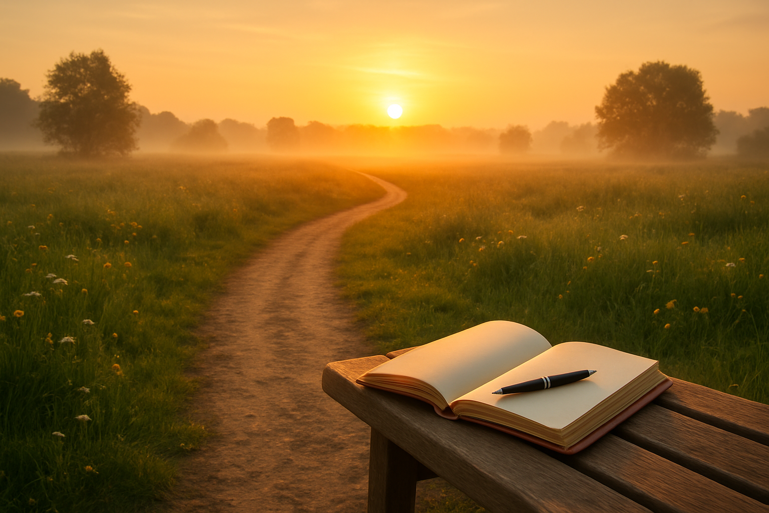 Create a realistic image of a peaceful outdoor scene at sunrise with a winding pathway leading toward a bright, golden horizon, surrounded by lush green meadows and scattered wildflowers, with an open leather-bound journal and fountain pen resting on a wooden bench beside the path, gentle morning mist creating a serene atmosphere, warm golden lighting filtering through the scene, conveying a sense of spiritual reflection, purpose, and new beginnings, absolutely NO text should be in the scene.