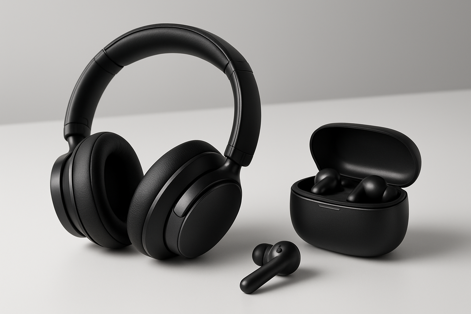 Create a realistic image of premium Soundcore by Anker wireless headphones and earbuds displayed on a sleek white surface, showcasing their sophisticated matte black finish, metallic accents, and precise engineering details, with soft studio lighting highlighting the texture and craftsmanship of the materials, clean minimalist background with subtle shadows, professional product photography style emphasizing the build quality and elegant design elements. Absolutely NO text should be in the scene.