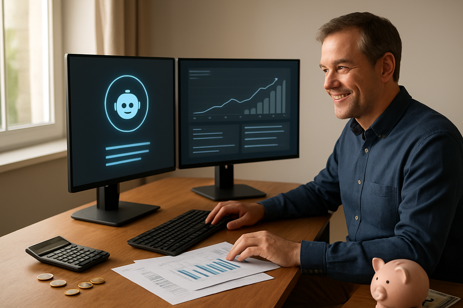 Create a realistic image of a modern home office desk setup showing a sleek desktop computer with multiple monitors displaying AI assistant interfaces, alongside financial documents, calculator, and coins scattered on the desk, with a middle-aged white male professional sitting at the desk looking satisfied while reviewing cost savings charts on one screen, warm natural lighting from a nearby window, clean and organized workspace atmosphere, piggy bank and dollar bills visible in the background suggesting financial savings, absolutely NO text should be in the scene.